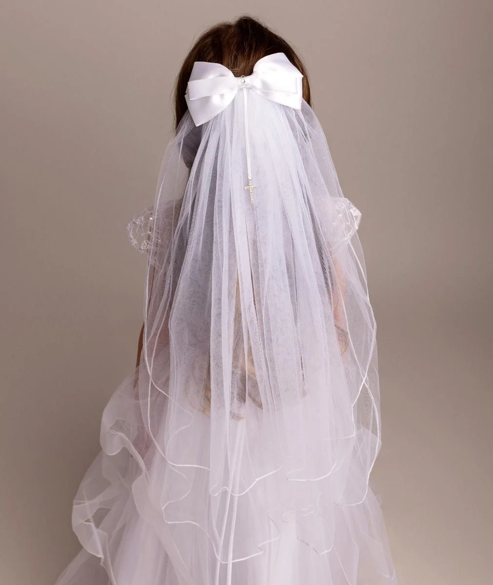 Girls White Crystal Cross & Bow Tulle Veil - 607 - Image 2