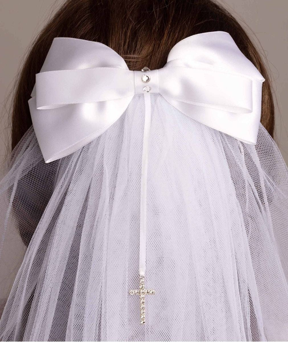Girls White Crystal Cross & Bow Tulle Veil - 607 - Image 3