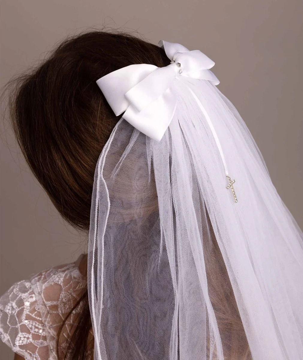 Girls White Crystal Cross & Bow Tulle Veil - 607 - Image 4