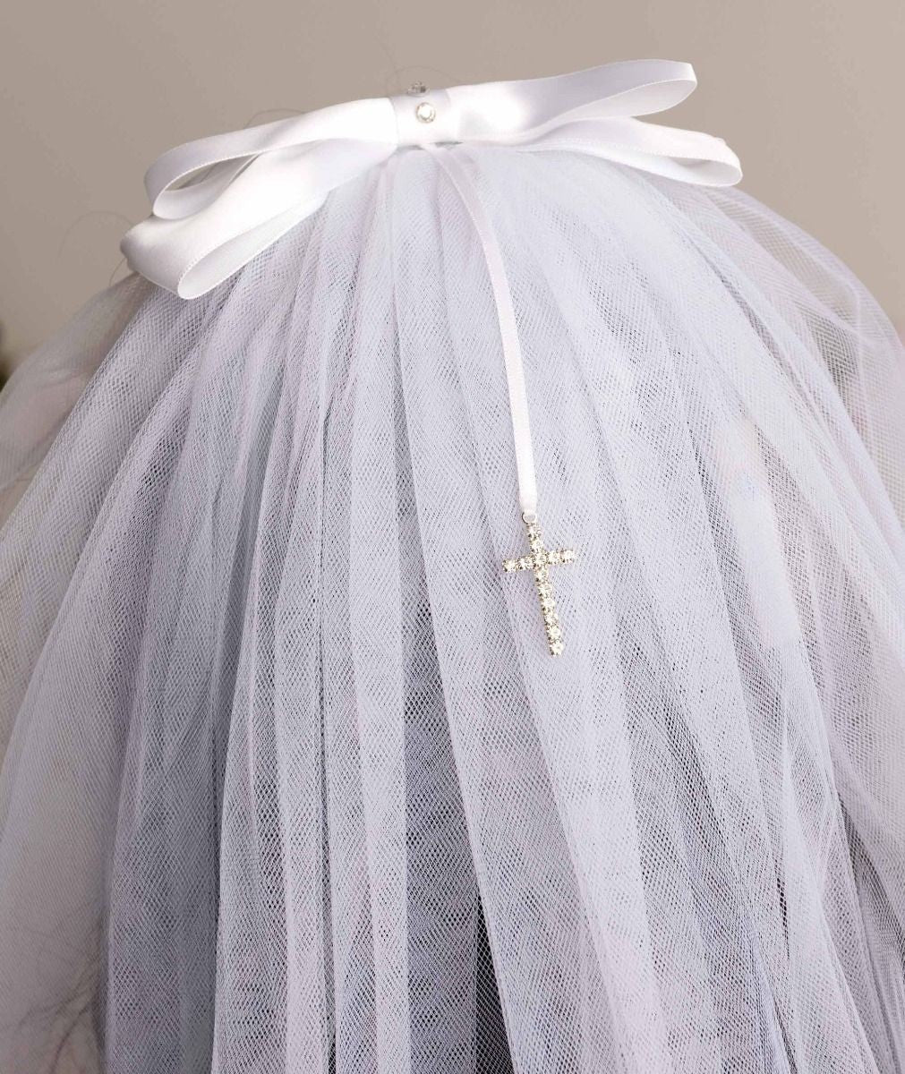 Girls White Crystal Cross & Bow Tulle Veil - 607 - Image 5