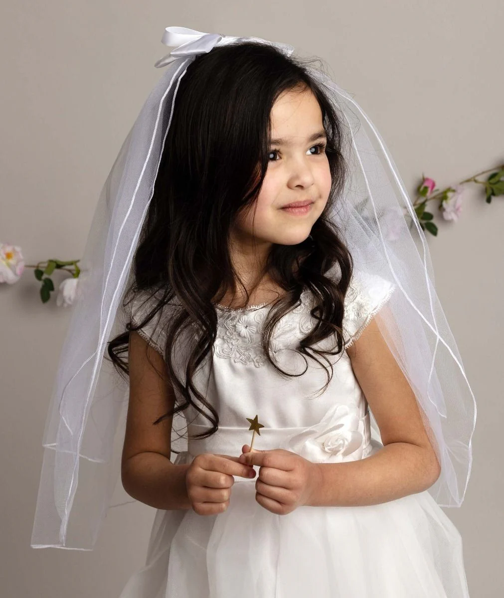 Girls White Crystal Cross & Bow Tulle Veil - 607 - Image 6