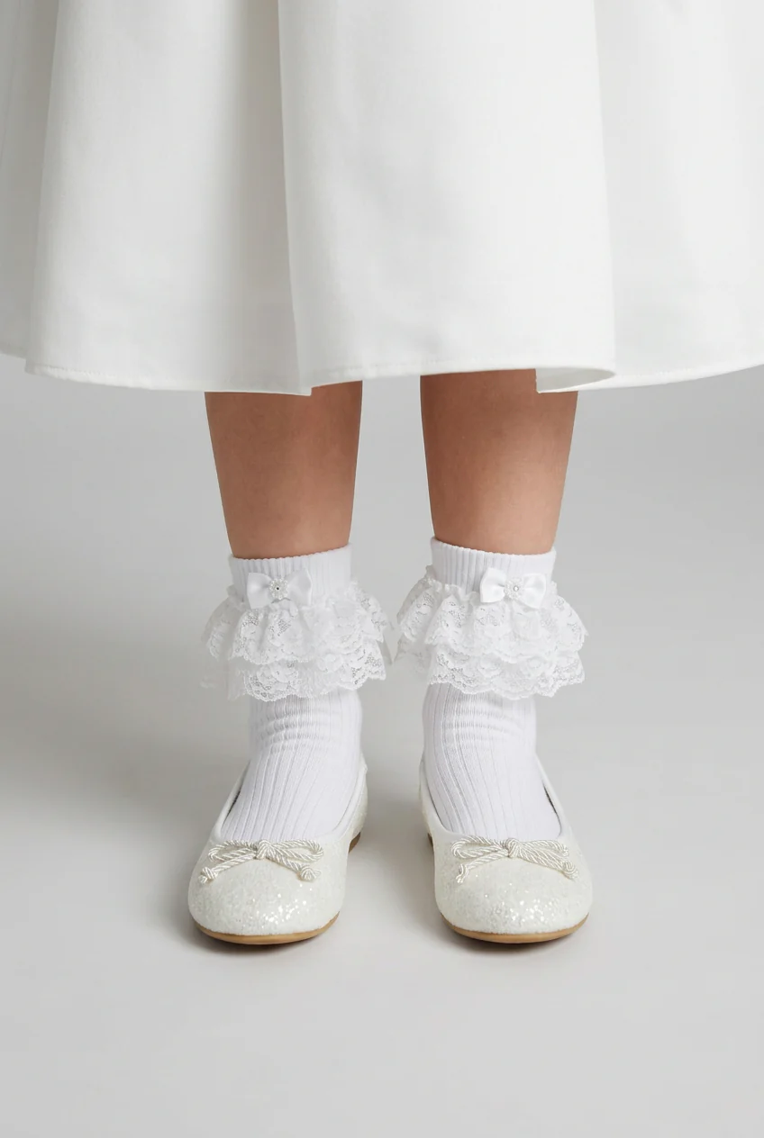 Girls White Glitter Ballet Flats with Bow - Image 5
