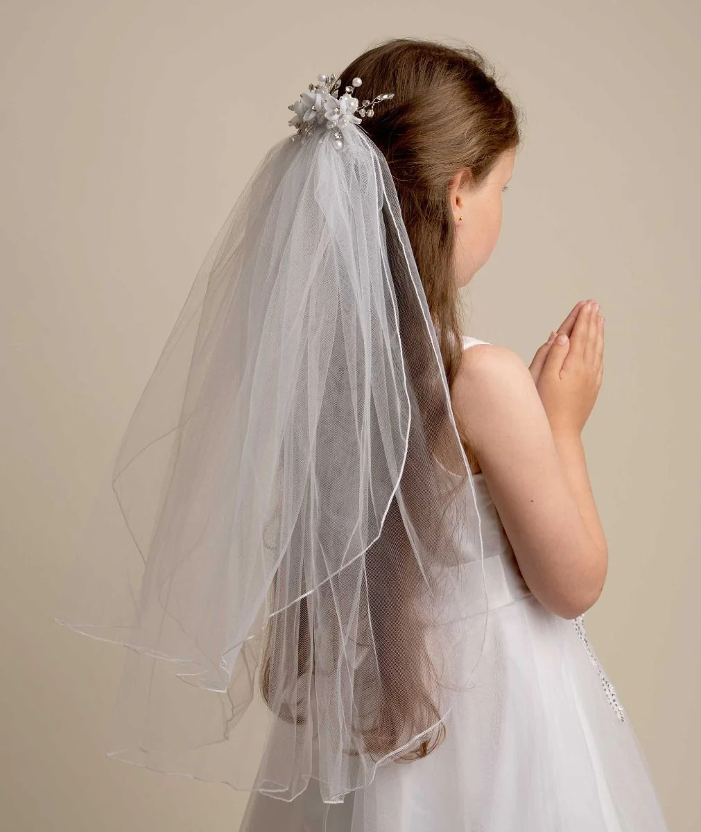Girls' White Layered Floral and Pearl Veil - CMV255 - Image 2