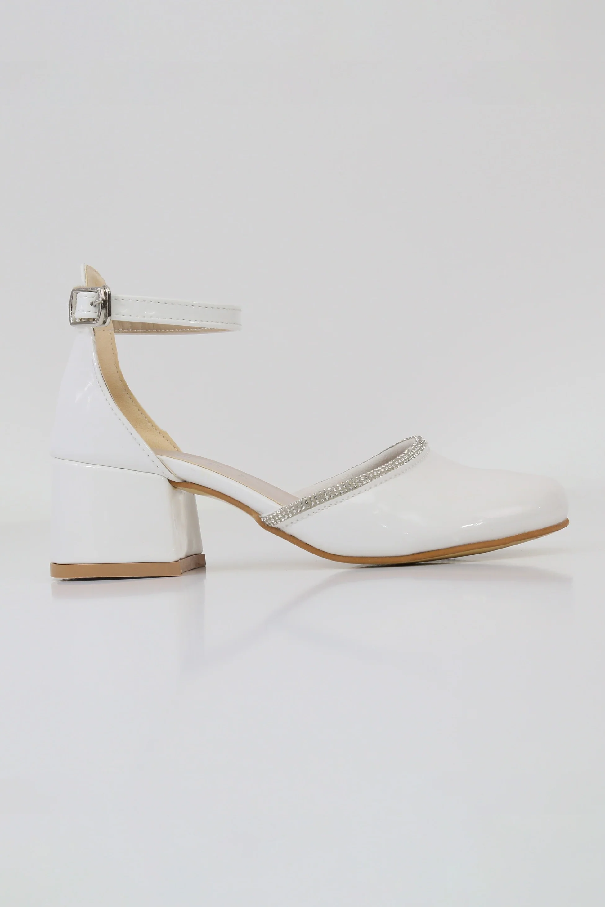 Girls' White Patent Block Heel Shoes With Rhinestone Trim – CHARM - White - Image 4