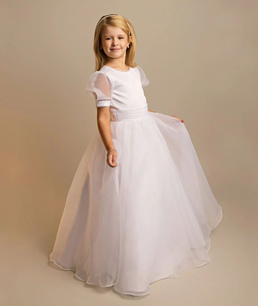 Girls' White Puff Sleeve Communion Dress with Tulle Skirt & Bow - Maryam - White - Image 2