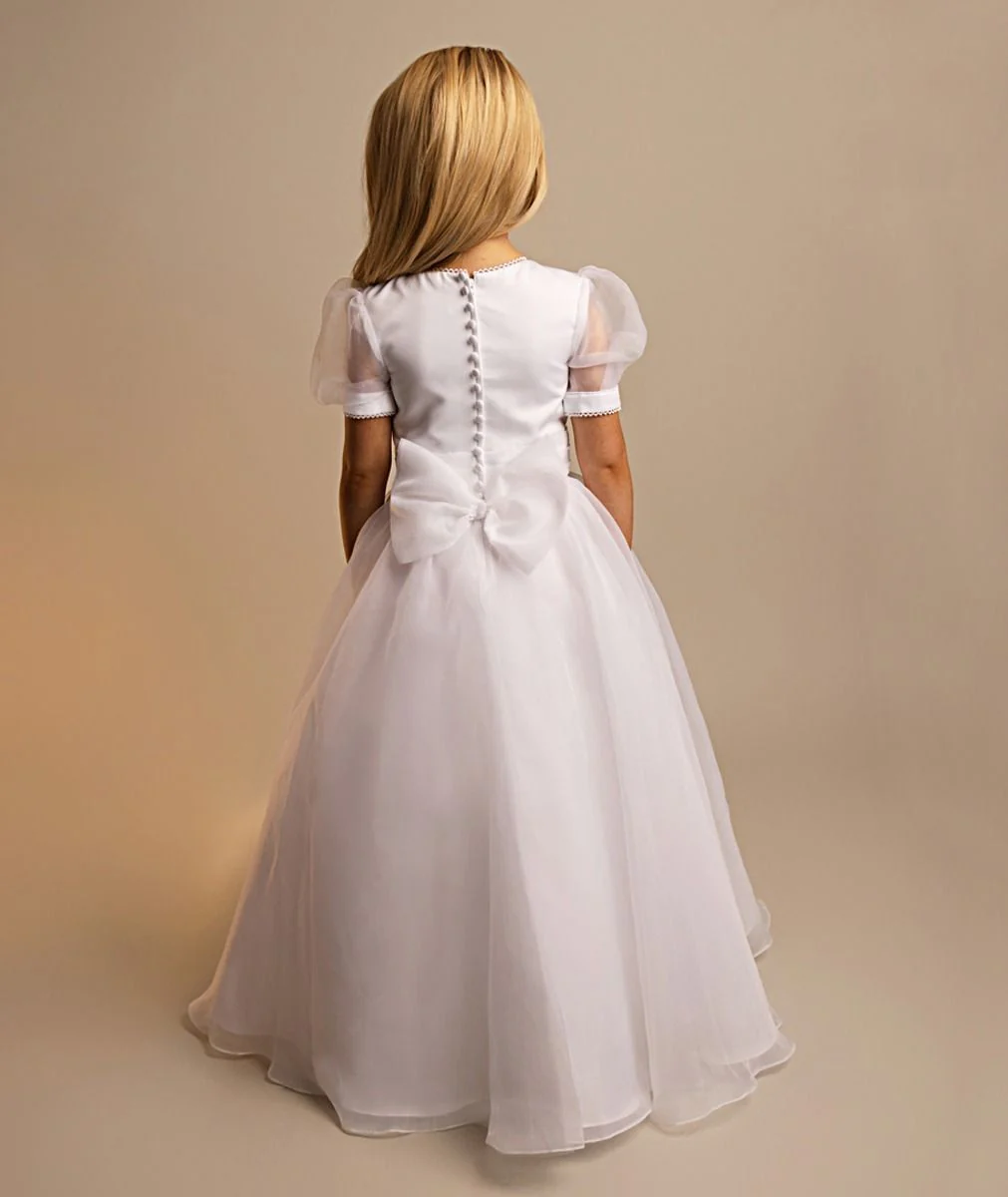 Girls' White Puff Sleeve Communion Dress with Tulle Skirt & Bow - Maryam - White - Image 3
