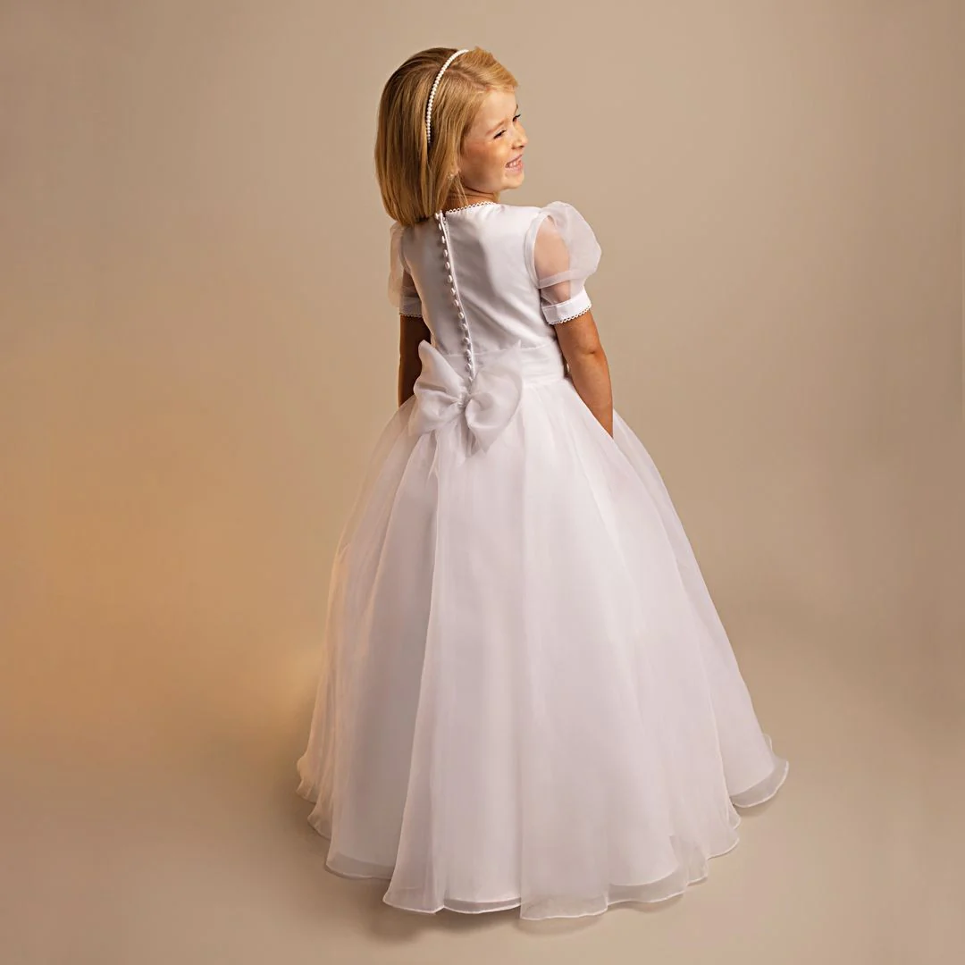 Girls' White Puff Sleeve Communion Dress with Tulle Skirt & Bow - Maryam - White - Image 4
