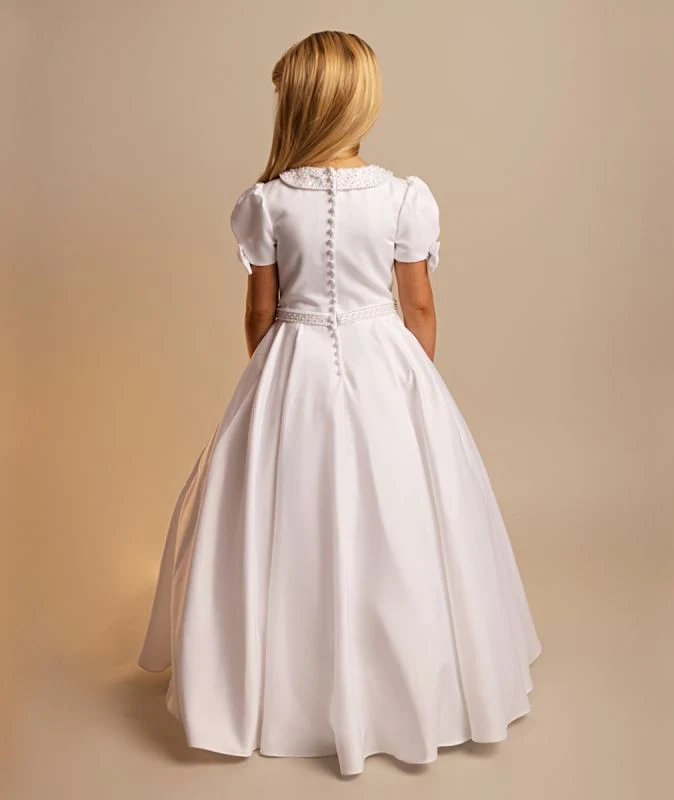 Girls’ White Puff Sleeve Communion Dress with Peter Pan Collar - LOTTIE - White - Image 3