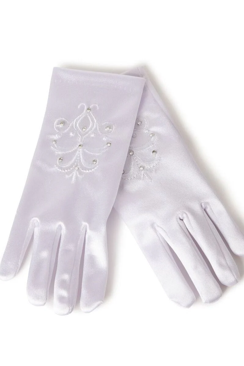 Girls White Swirl Pattern Satin Gloves - ELSA - Image 2