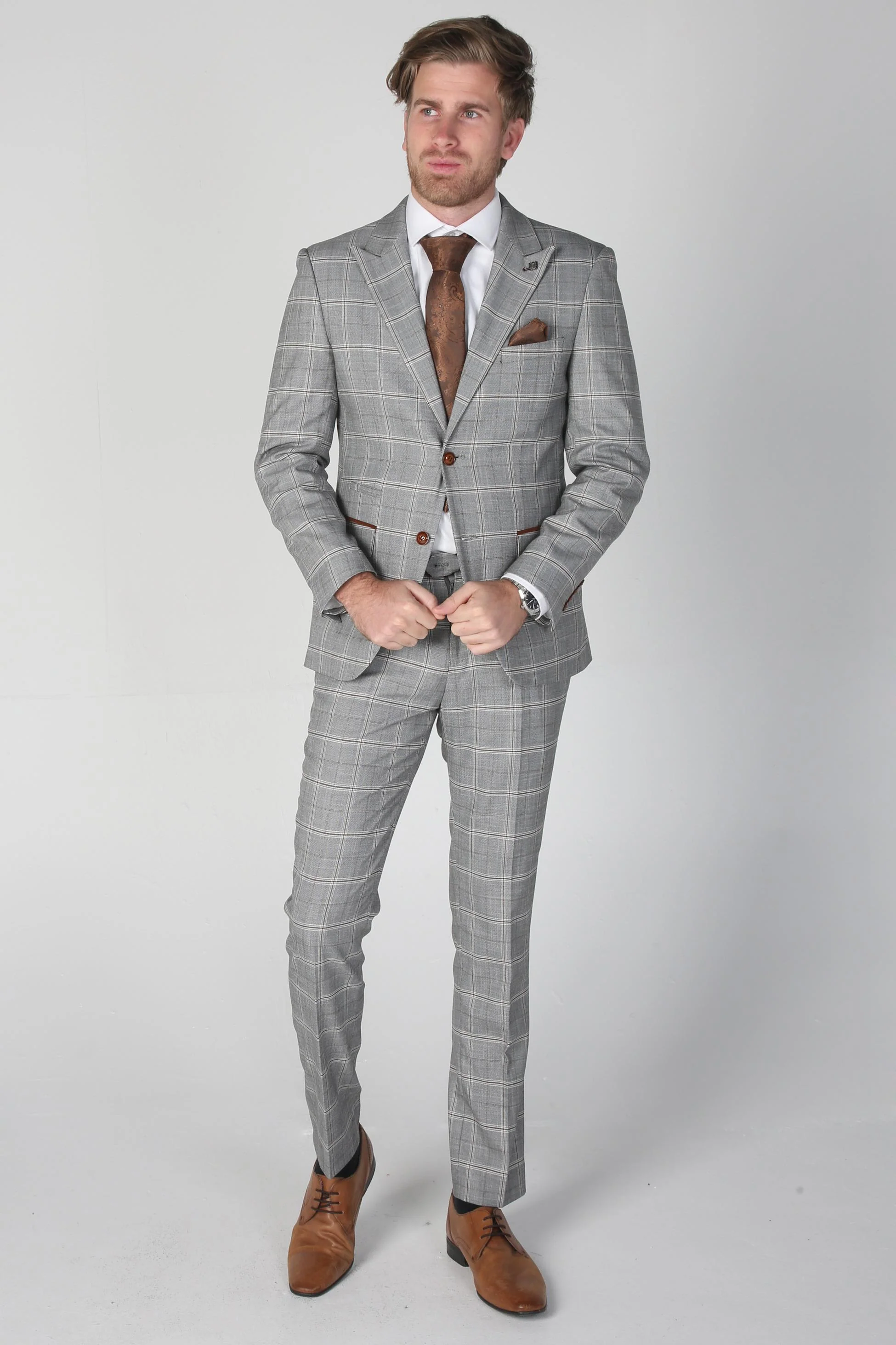Men's Windowpane Check Grey Trousers - FRANCIS - Grey - Image 2