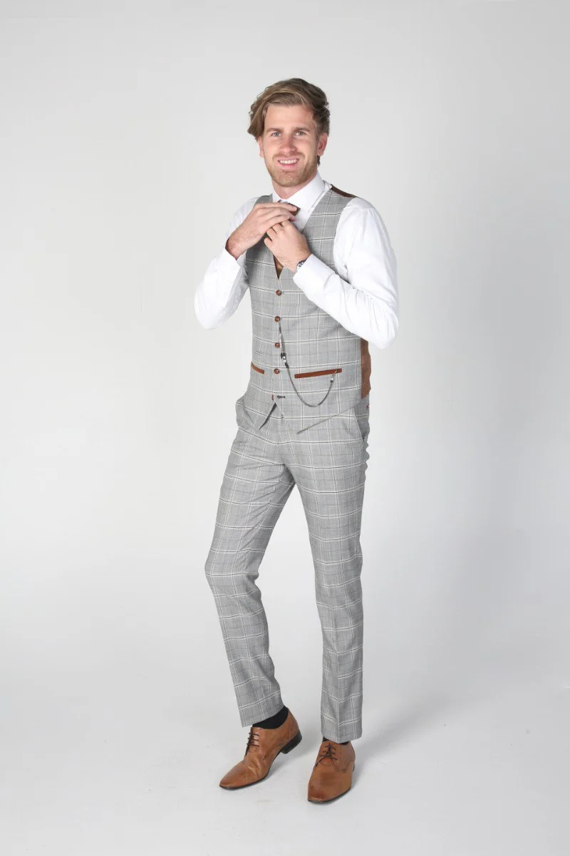 Men's Windowpane Check Grey Trousers - FRANCIS - Grey - Image 3