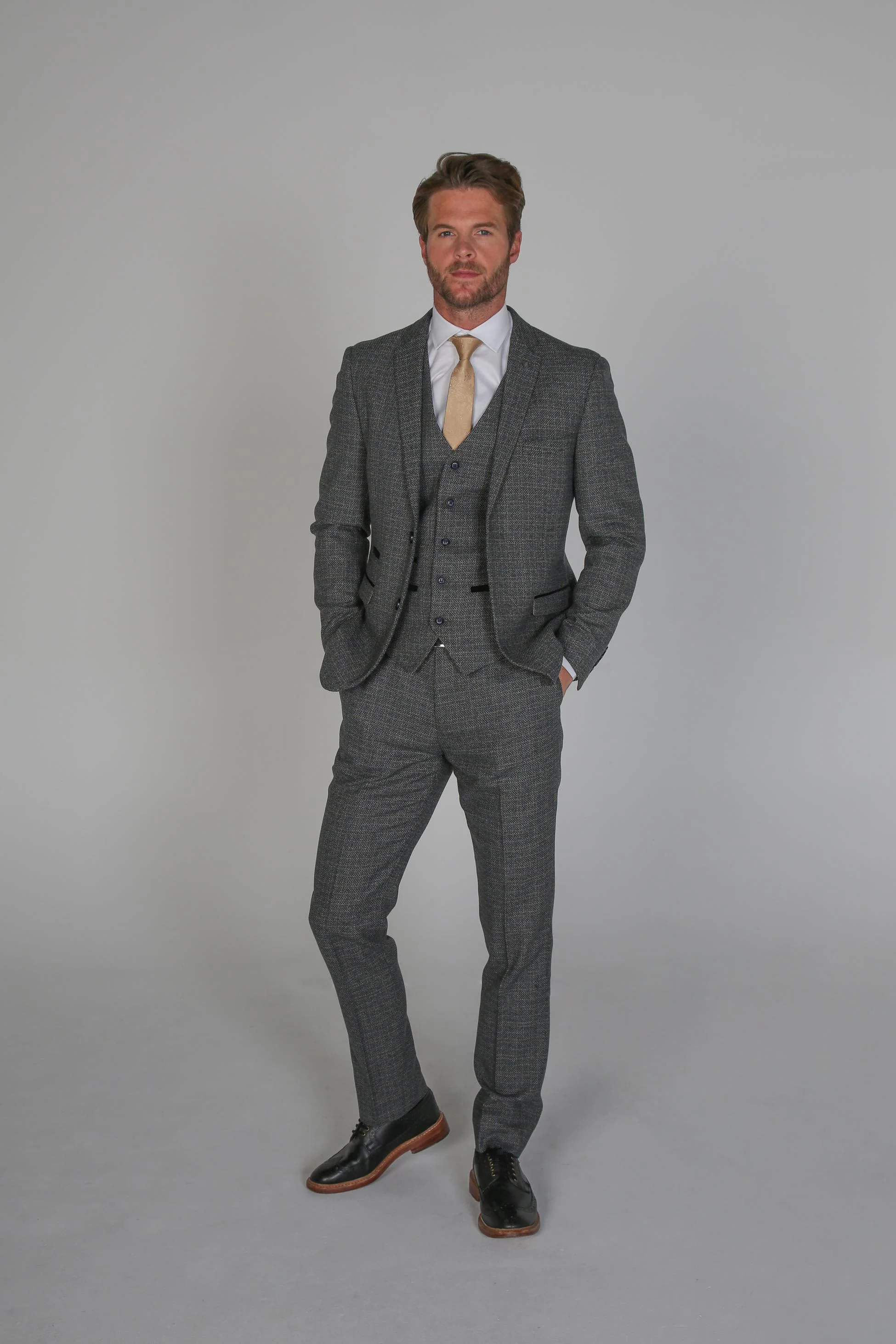 Men's Tweed-Like Tailored Fit Formal Suit - RALPH - Grey - Image 3
