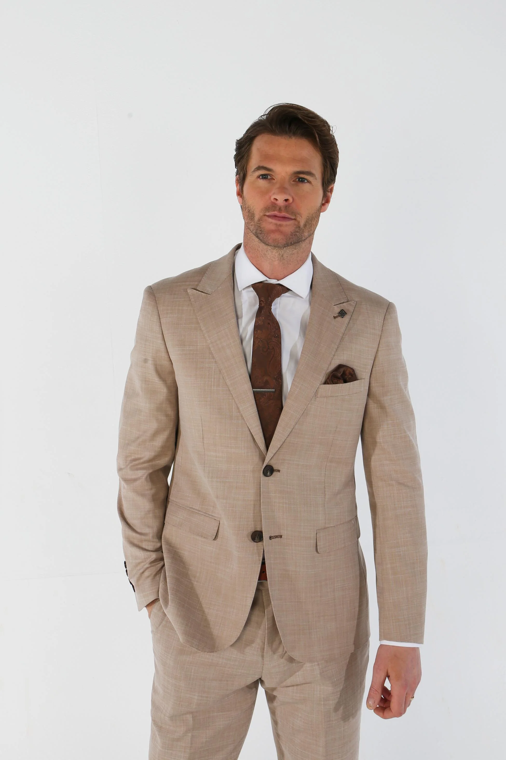 Men's Tailored Fit Plaid Suit Jacket - KURT - Beige - Image 2