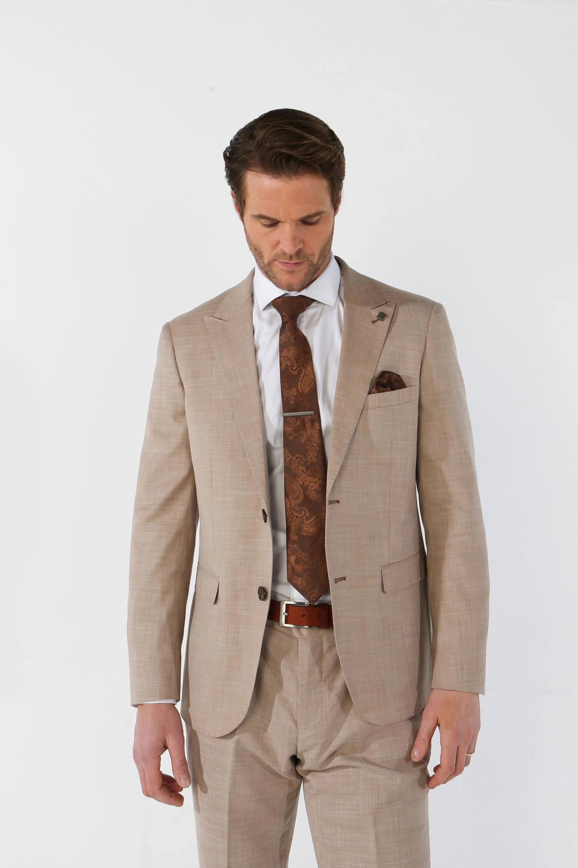 Men's Tailored Fit Plaid Suit Jacket - KURT - Beige - Image 4