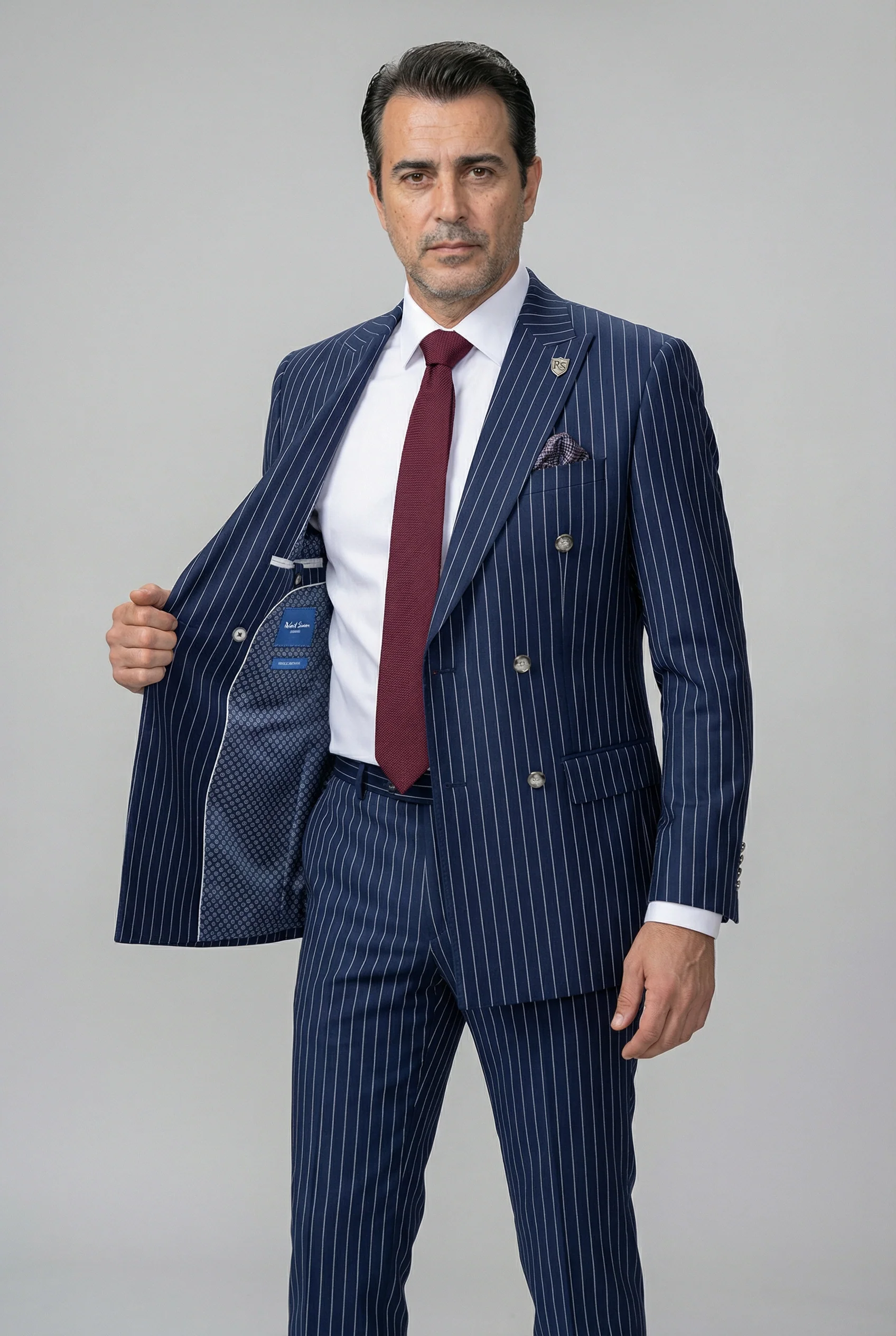 Men’s 2 Piece Double Breasted Pinstripe Suit - EVAN NAVY - Image 4