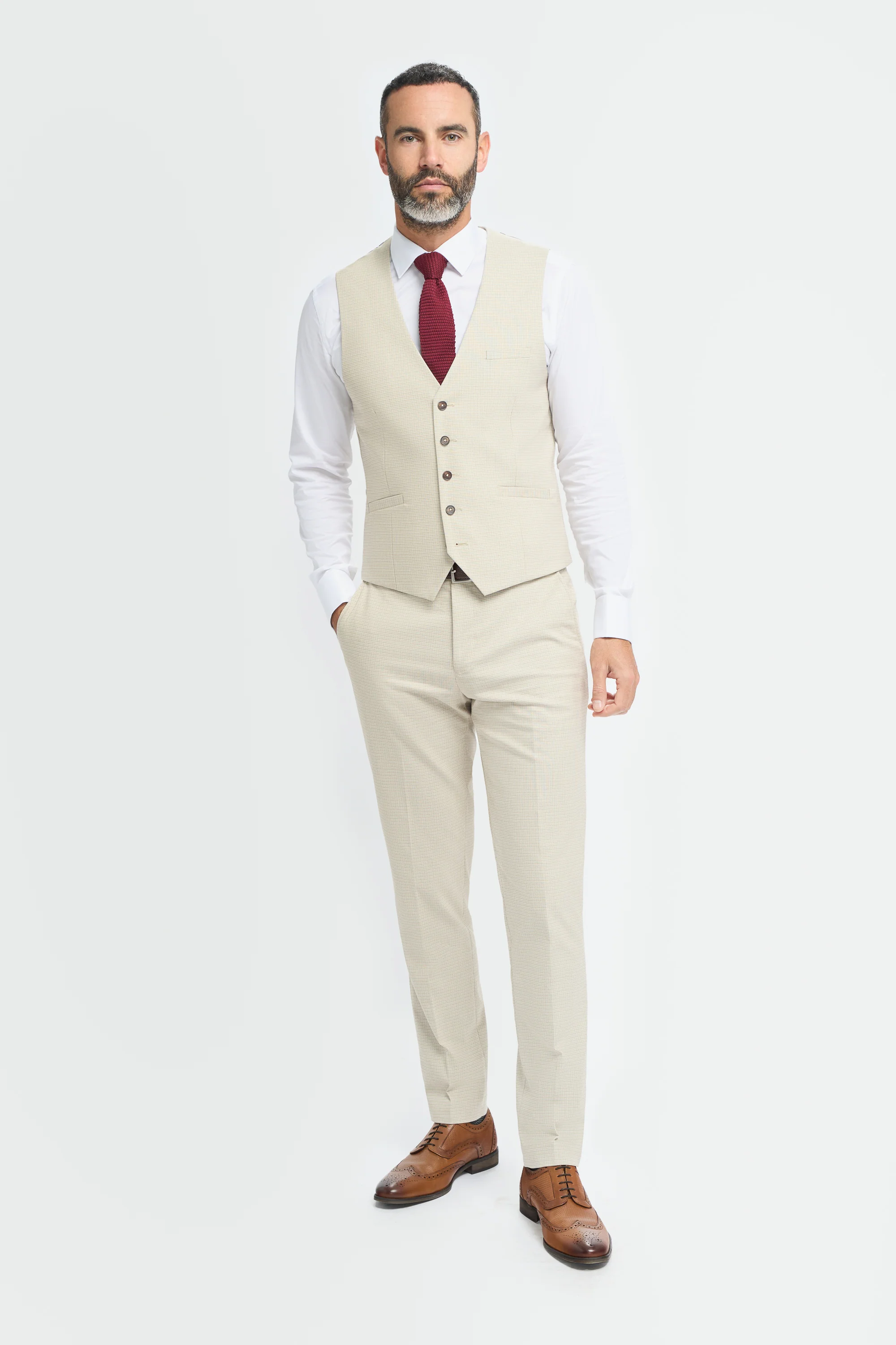 Men’s 3-Piece Beige Cotton Microcheck Suit - Hampton - Image 6