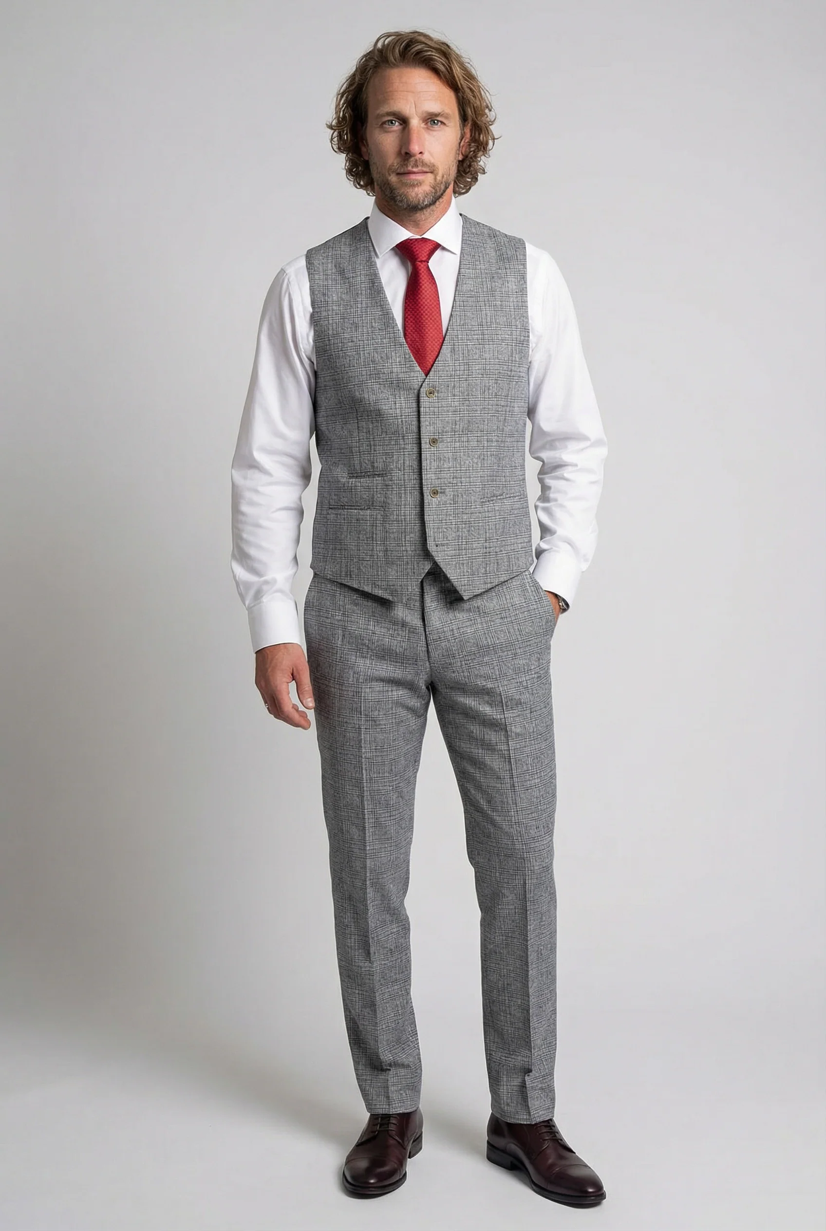 Men’s 3-Piece Glen Check Suit - Parker - Stone Grey - Image 4