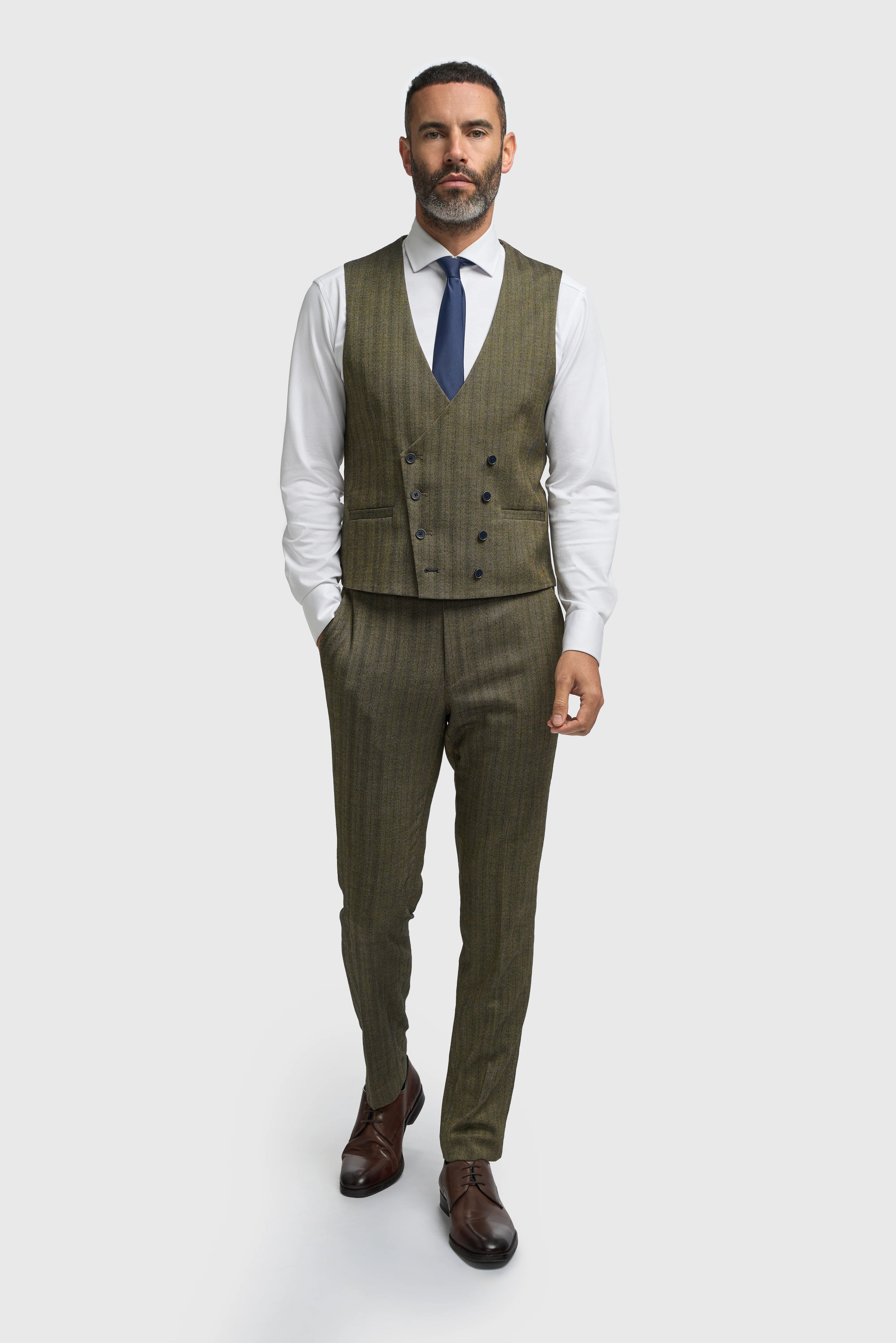Men’s 3-Piece Herringbone Suit with Double Breasted Waistcoat - Damon - Sage Green - Image 5