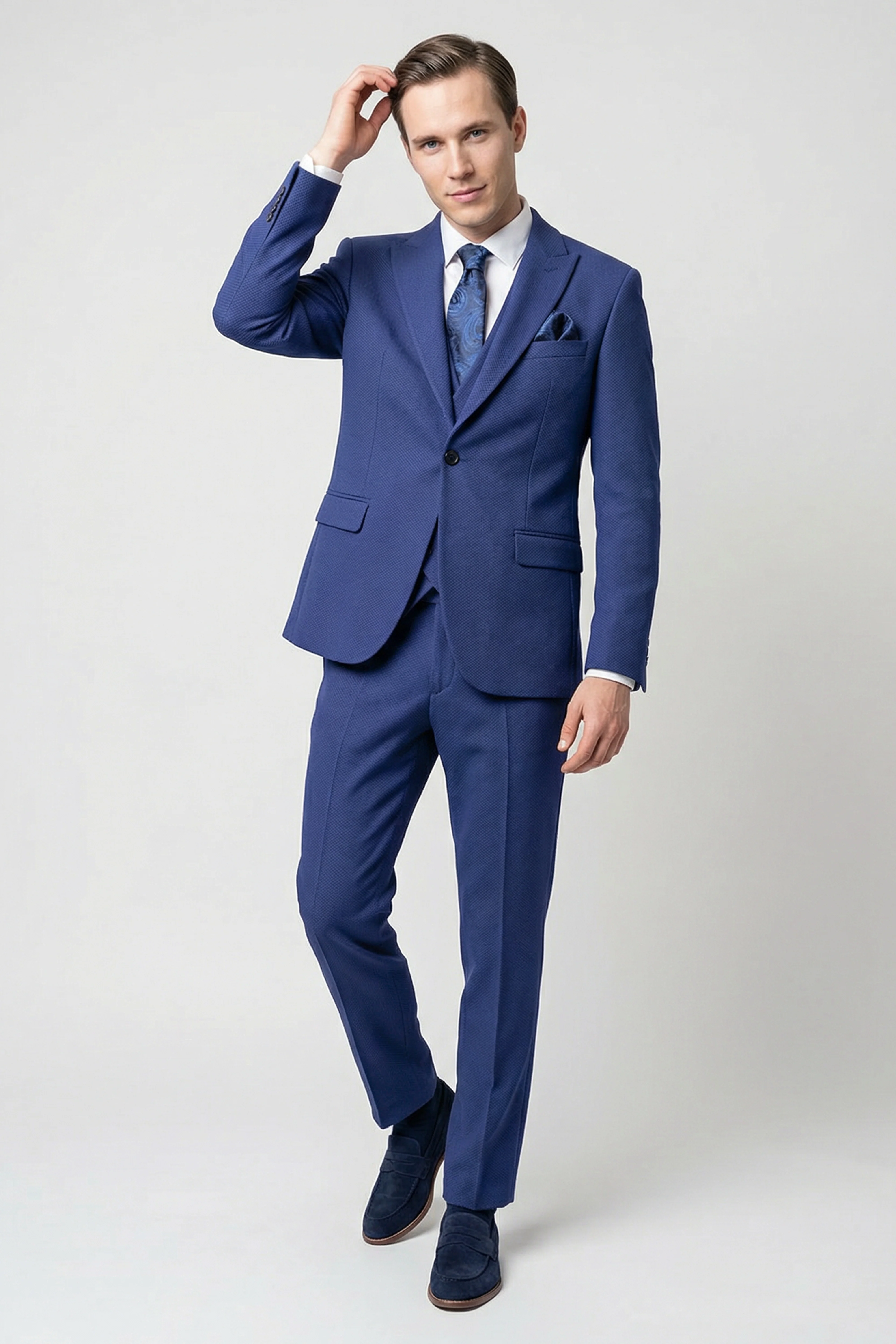 Men’s 3-Piece Textured Formal Suit with Double Breasted Waistcoat - Core - Navy Blue - Image 2