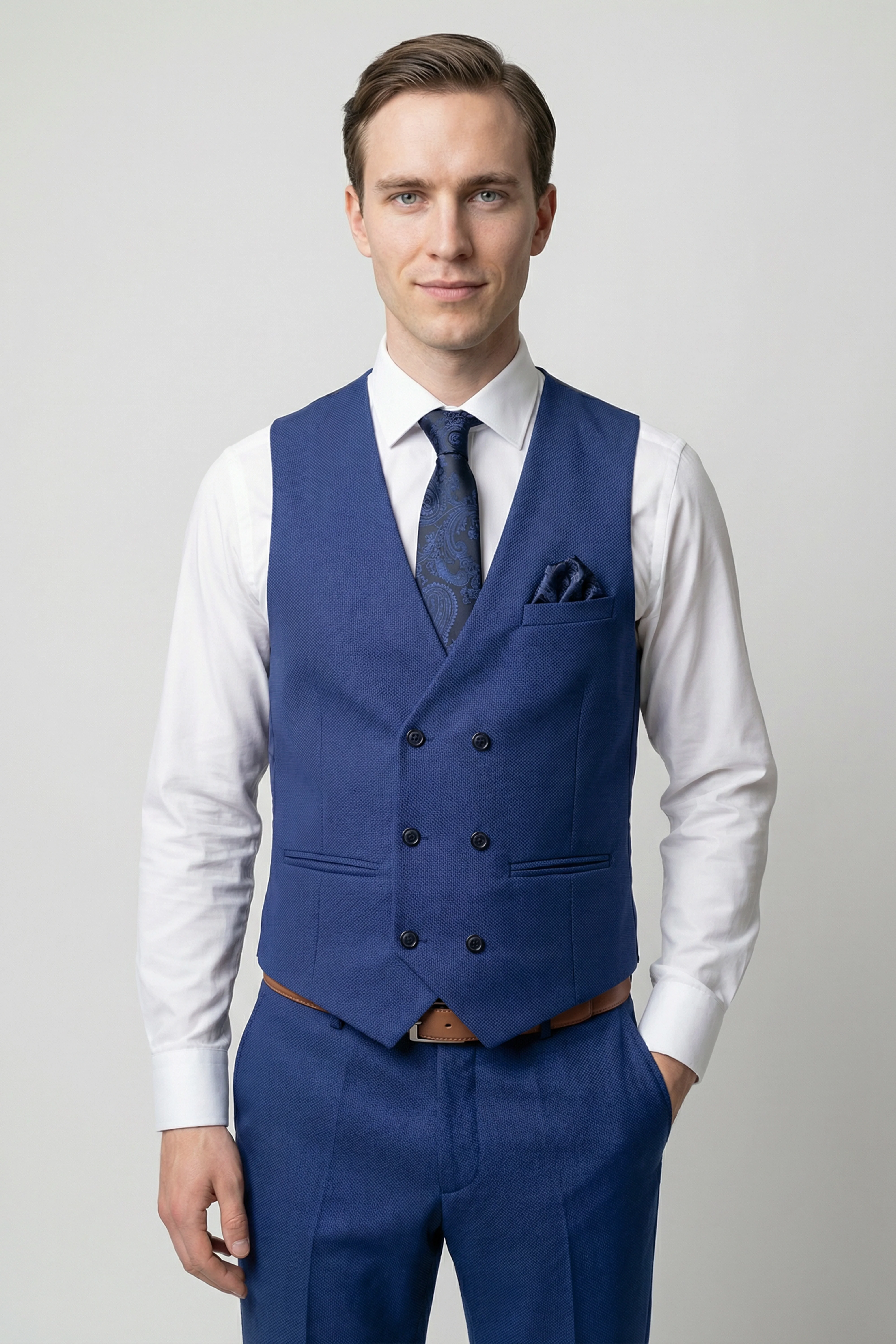 Men’s 3-Piece Textured Formal Suit with Double Breasted Waistcoat - Core - Navy Blue - Image 3
