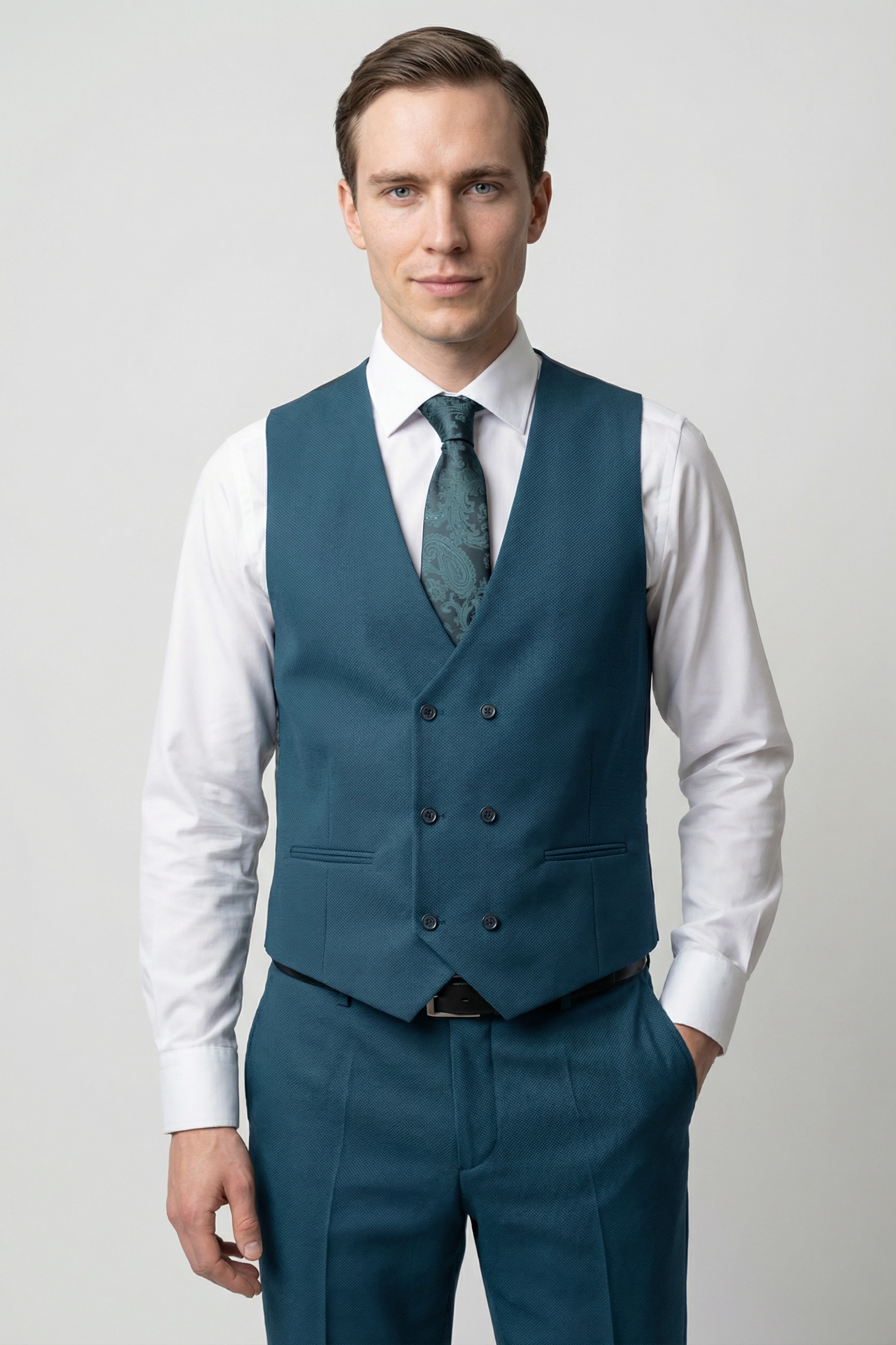 Men’s 3-Piece Textured Formal Suit with Double Breasted Waistcoat - Core - Olive Green - Image 3