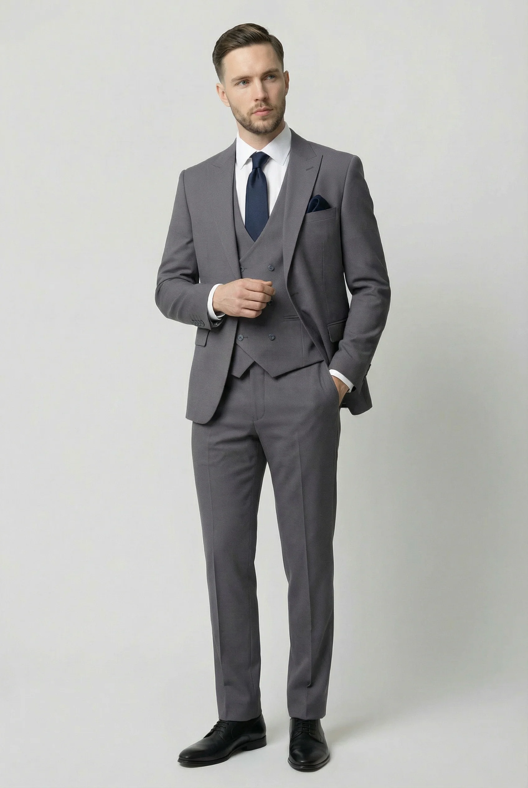 Men’s 3-Piece Textured Suit with Double-Breasted Waistcoat - CORE - Grey - Image 3