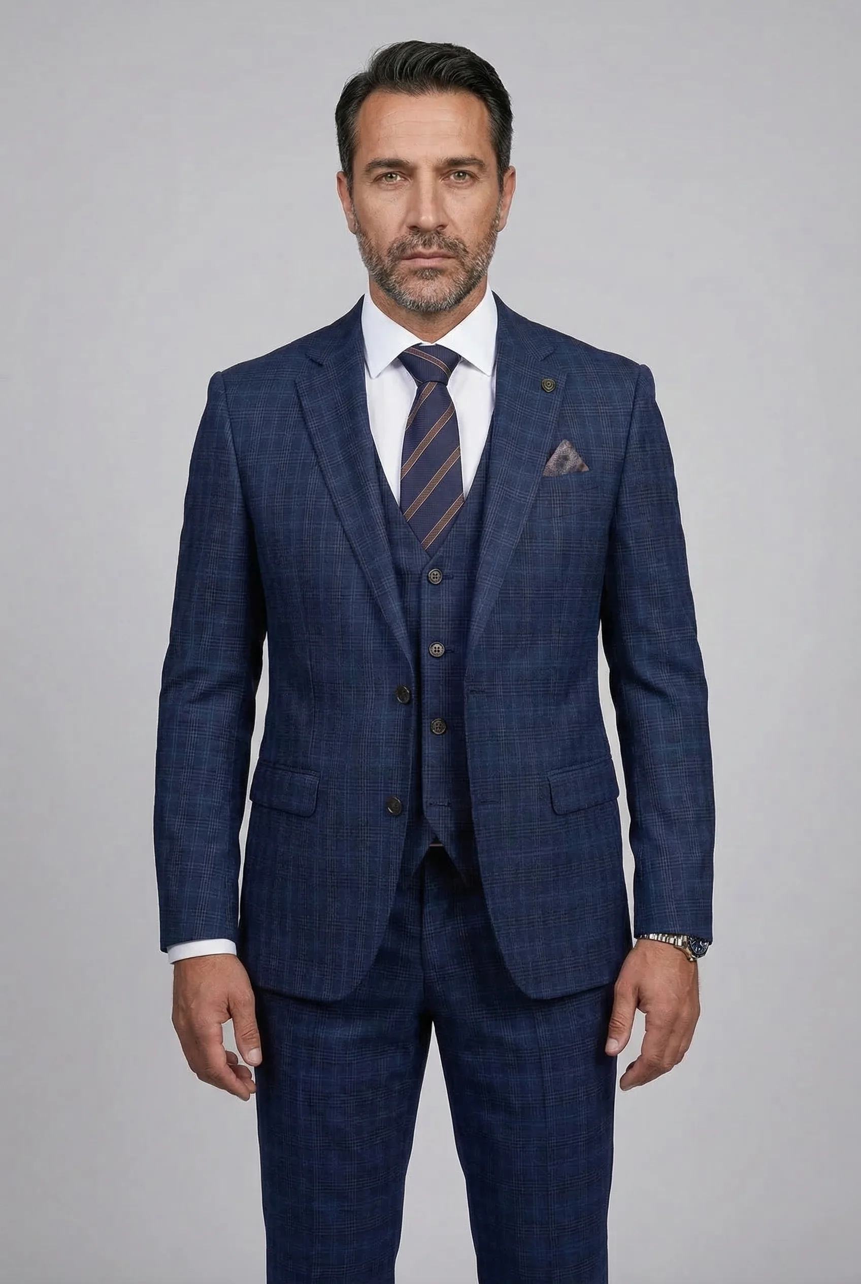 Men’s 3-Piece Windowpane Check Suit - Marcos - Navy