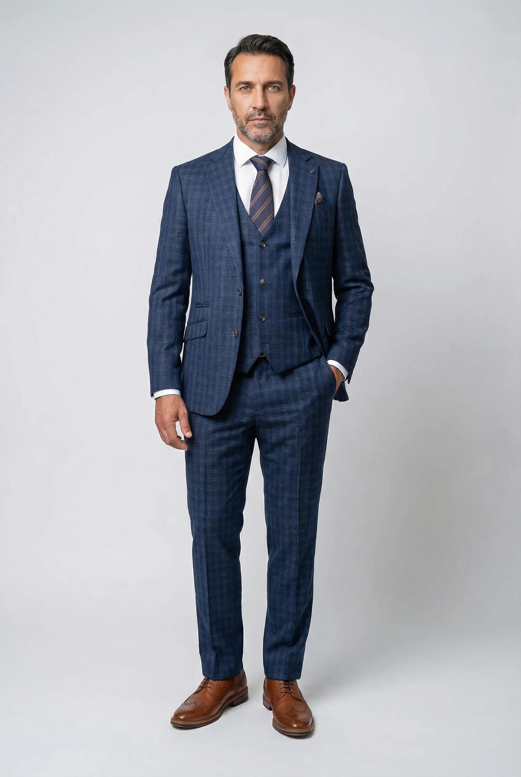 Men’s 3-Piece Windowpane Check Suit - Marcos - Navy - Image 2