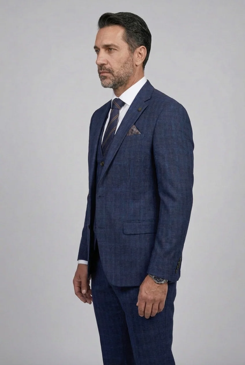Men’s 3-Piece Windowpane Check Suit - Marcos - Navy - Image 3
