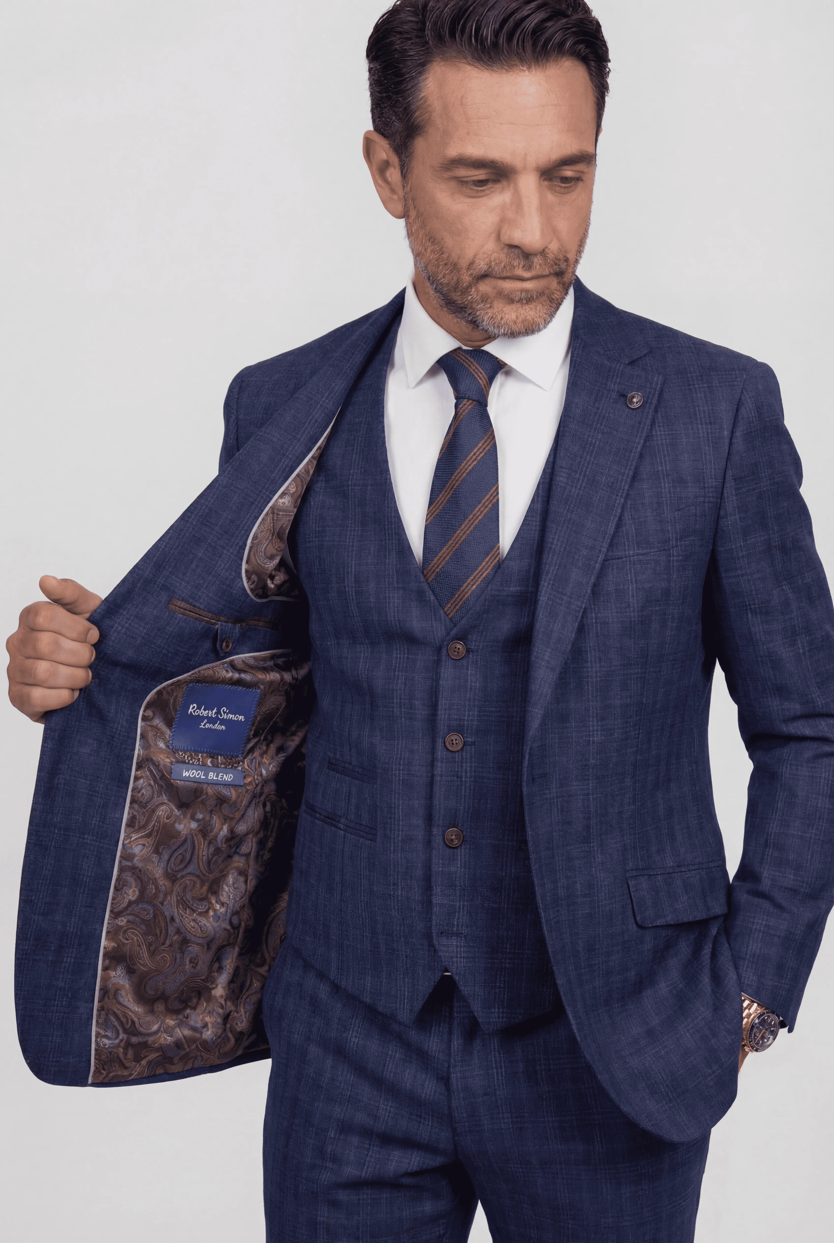 Men’s 3-Piece Windowpane Check Suit - Marcos - Navy - Image 4