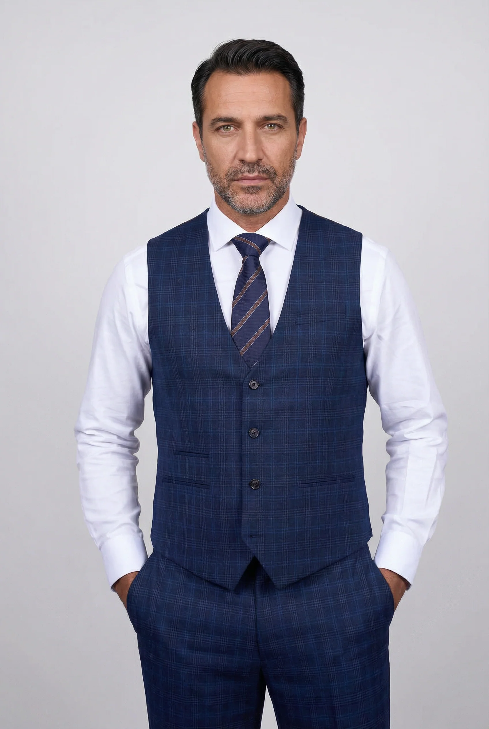 Men’s 3-Piece Windowpane Check Suit - Marcos - Navy - Image 5
