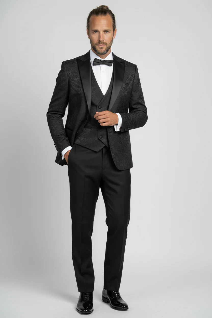 Men’s 4-Piece Cotton Blend Jacquard Tuxedo Suit with Double Breasted Waistcoat - Vincent -Black - Image 3