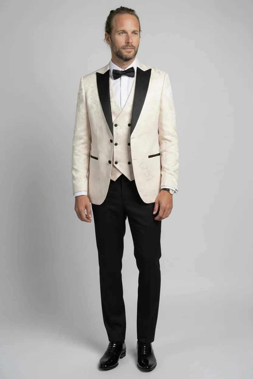 Men’s 4-Piece Cotton Blend Jacquard Tuxedo Suit with Double Breasted Waistcoat - Vincent -Cream - Image 3