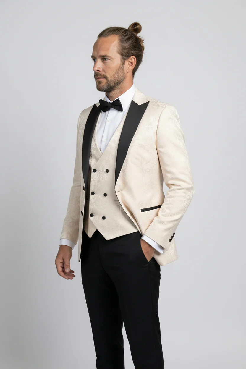 Men’s 4-Piece Cotton Blend Jacquard Tuxedo Suit with Double Breasted Waistcoat - Vincent -Cream - Image 4