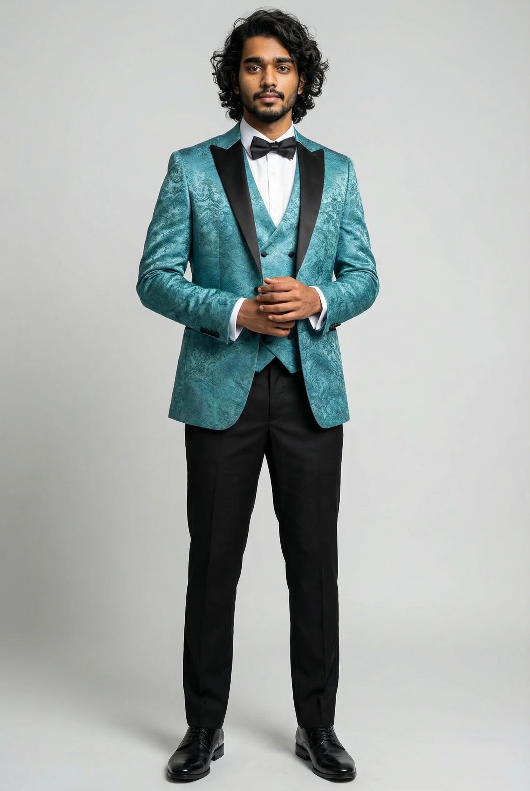 Men’s 4-Piece Cotton Blend Jacquard Tuxedo Suit with Double Breasted Waistcoat - Vincent -Green - Image 2