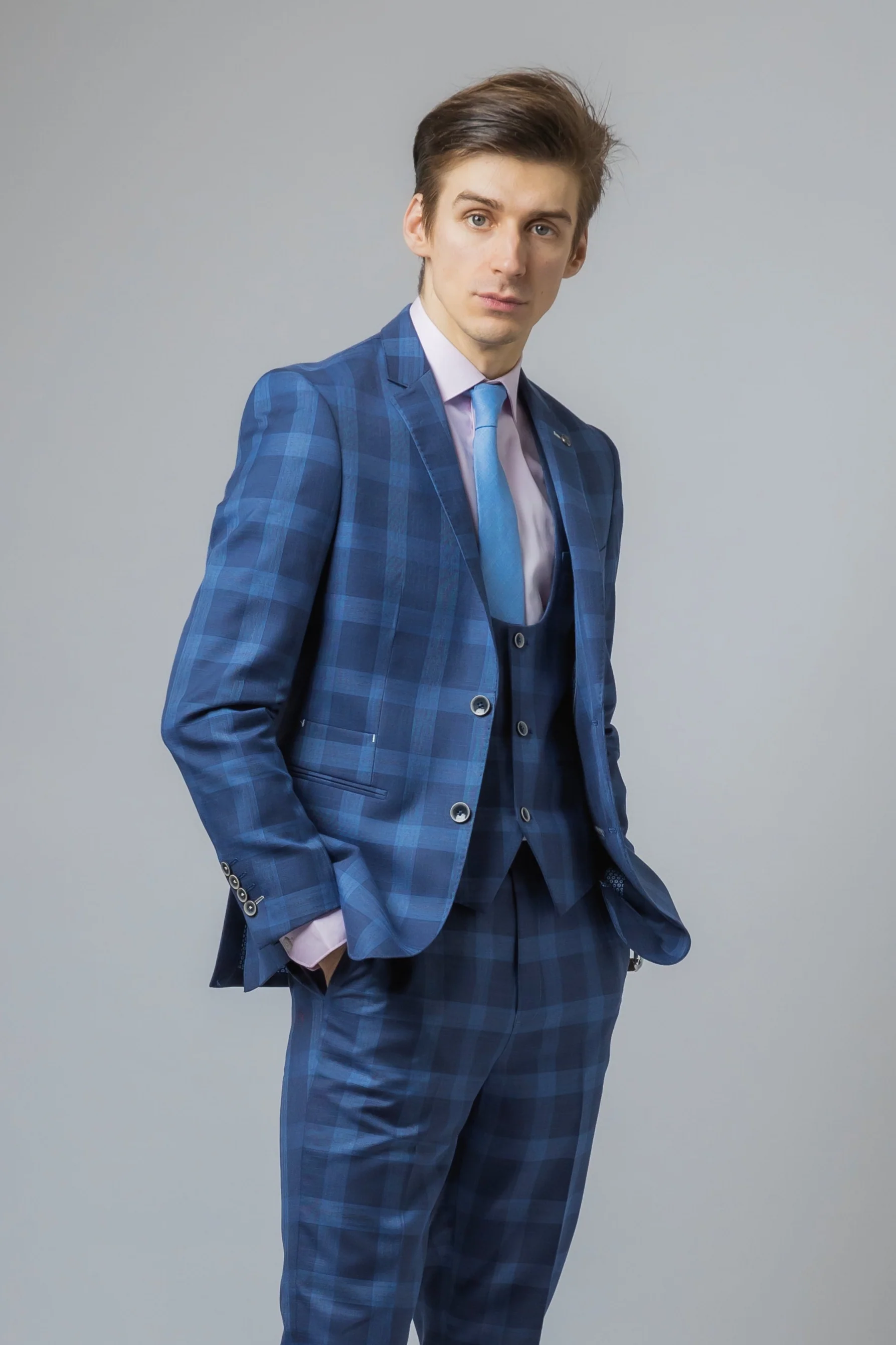 Men's Check Windowpane Retro Blue Suit - Hunter - Dark Blue