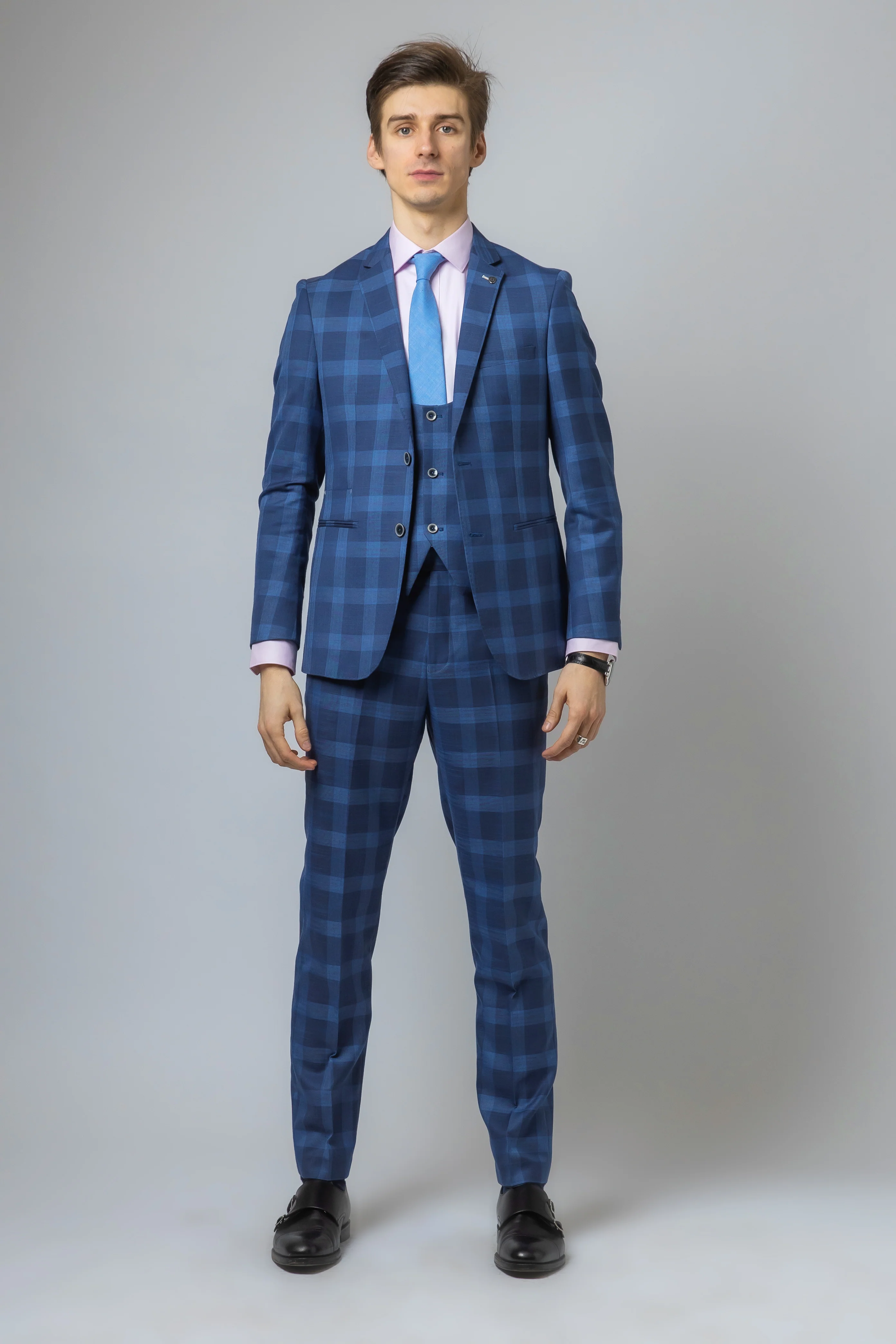 Men's Check Windowpane Retro Blue Suit - Hunter - Dark Blue - Image 2