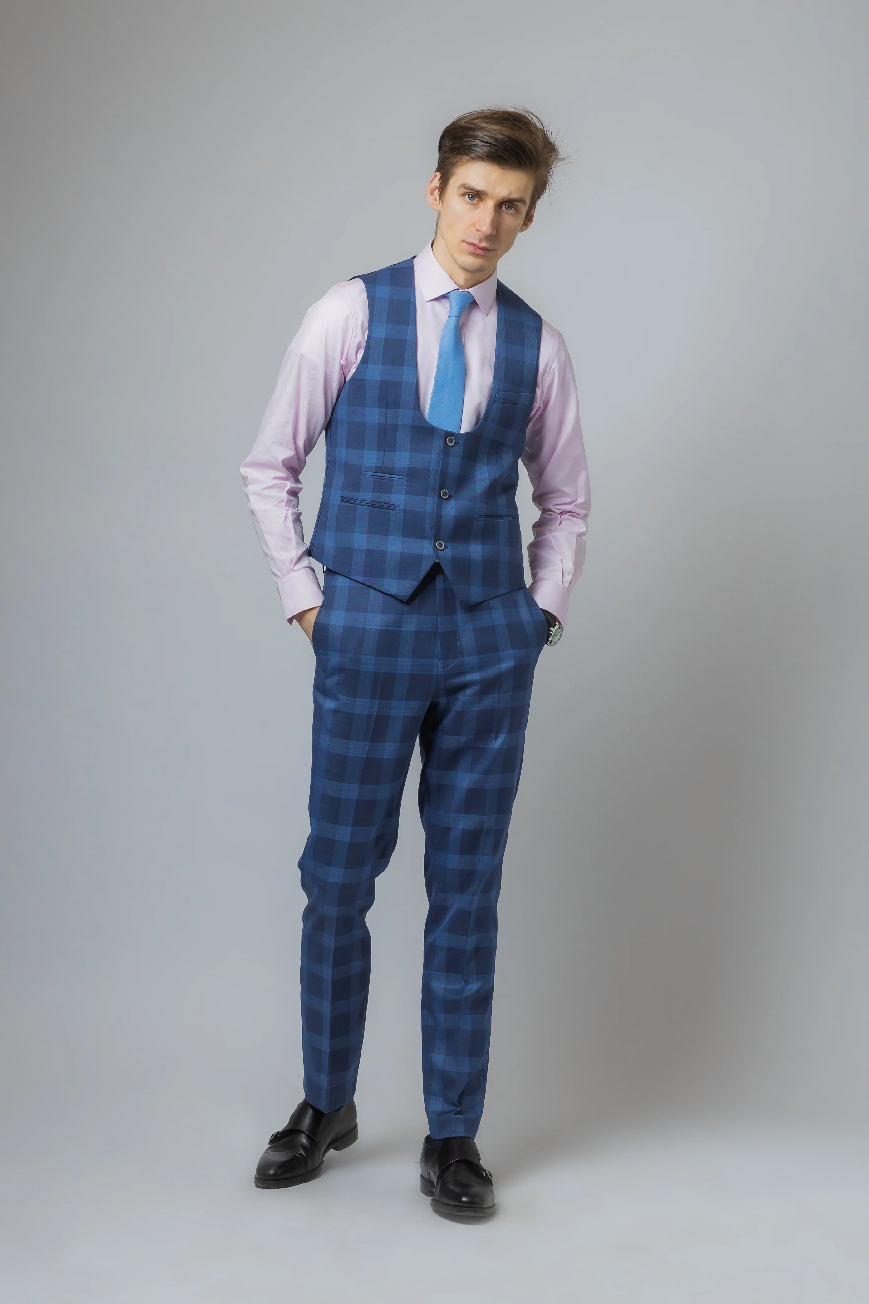 Men's Check Windowpane Retro Blue Suit - Hunter - Dark Blue - Image 4