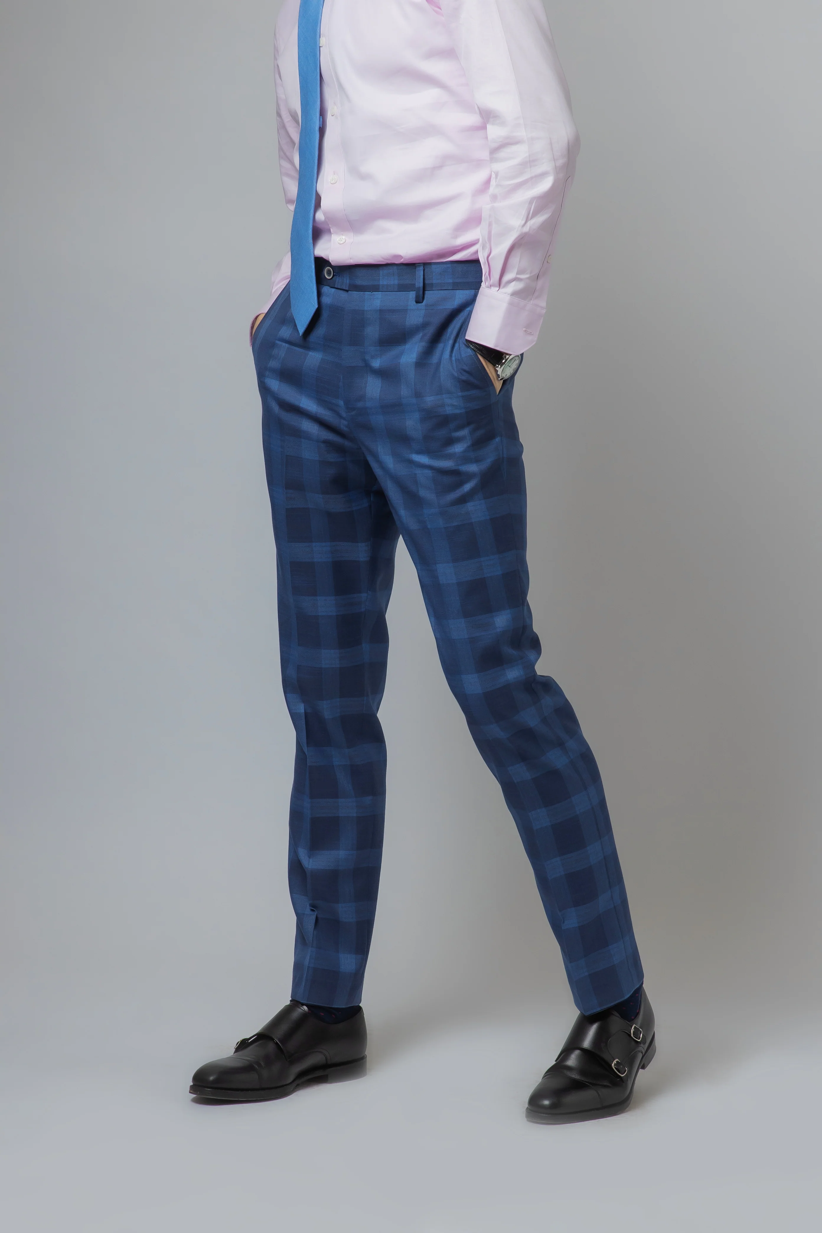 Men's Check Windowpane Retro Blue Suit - Hunter - Dark Blue - Image 7