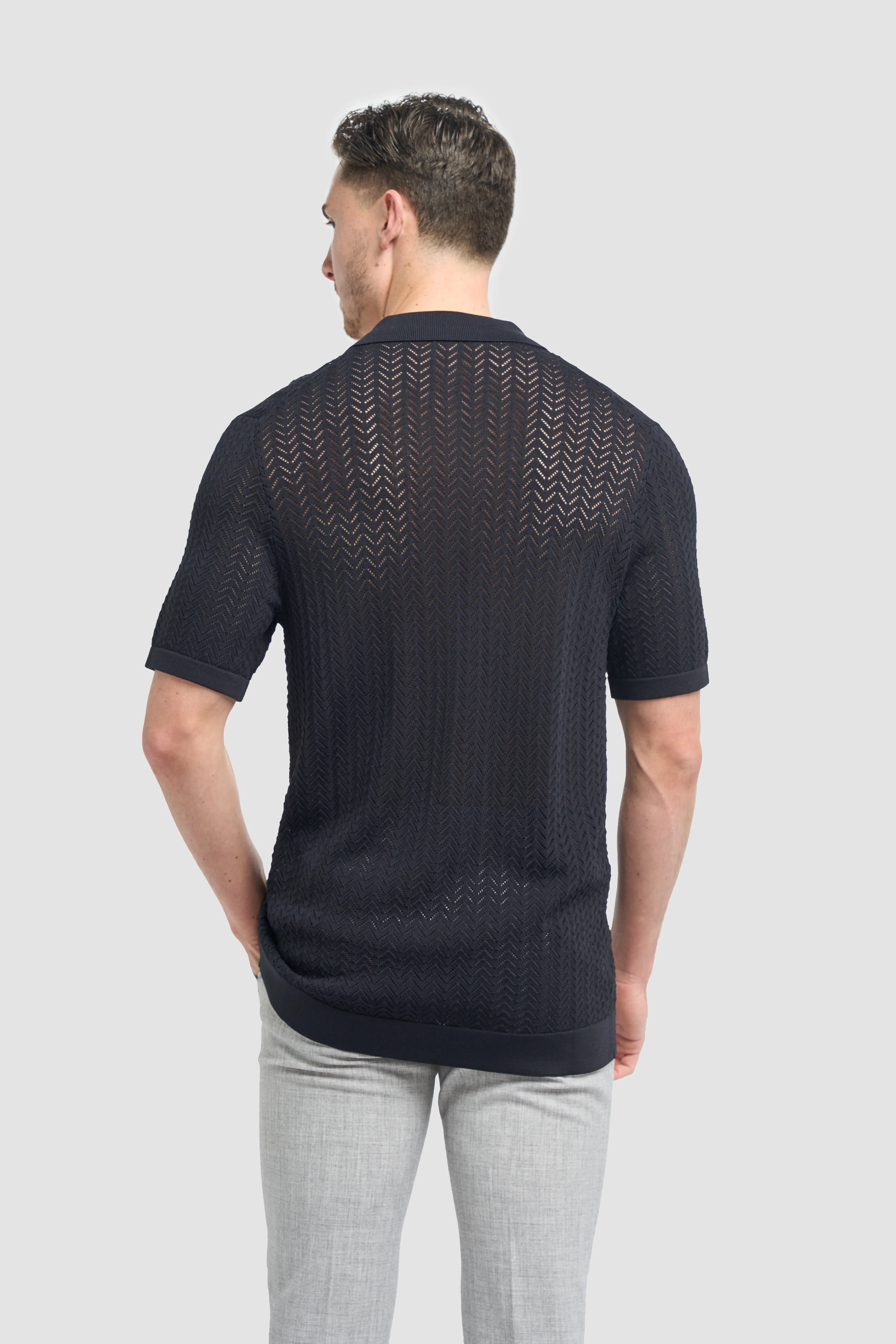Men’s Chevron Lace Knit Button Down Shirt - Barts - Navy - Image 3