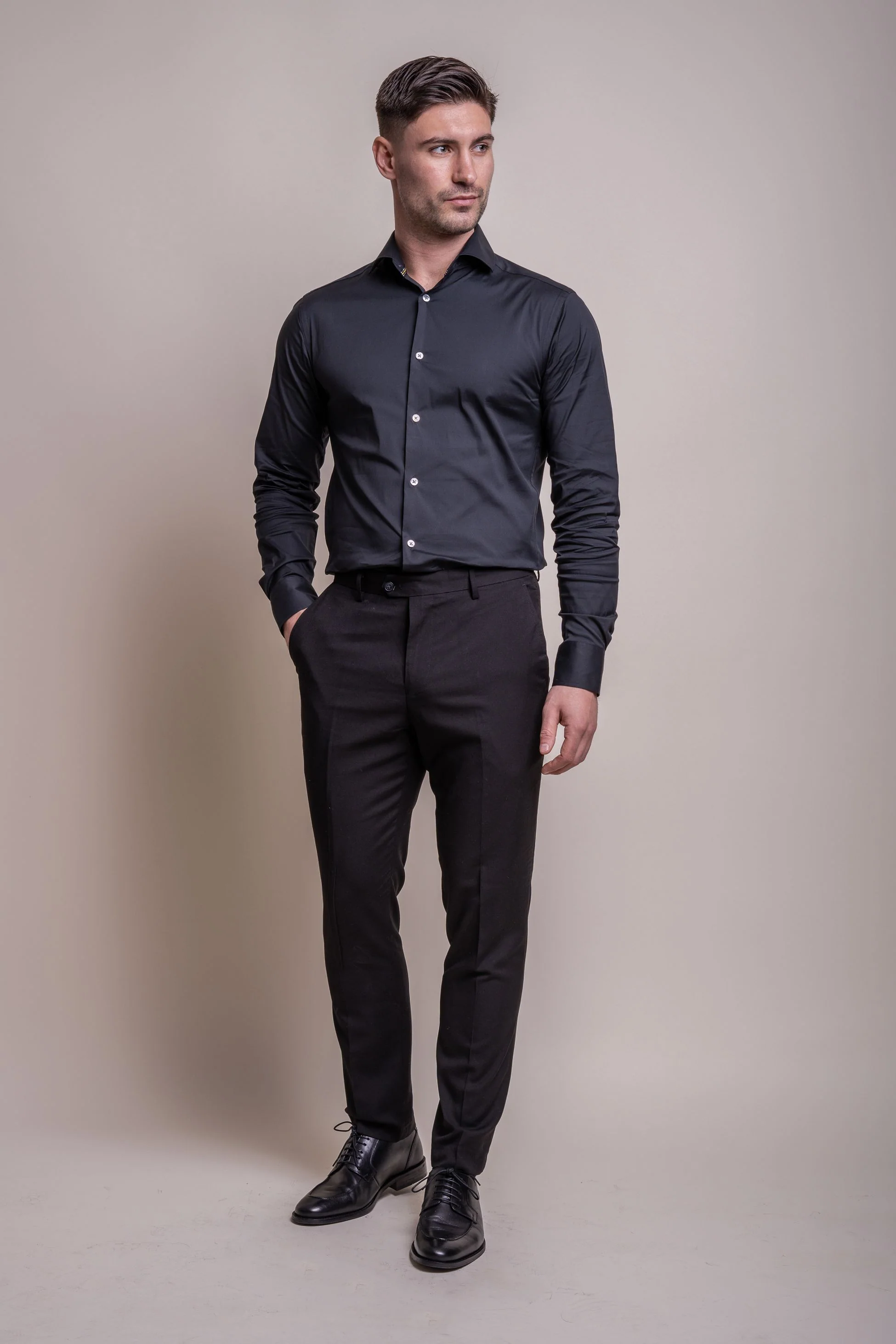 Men's Cotton Blend Slim Fit Dress Shirt - MONACO - Black - Image 3