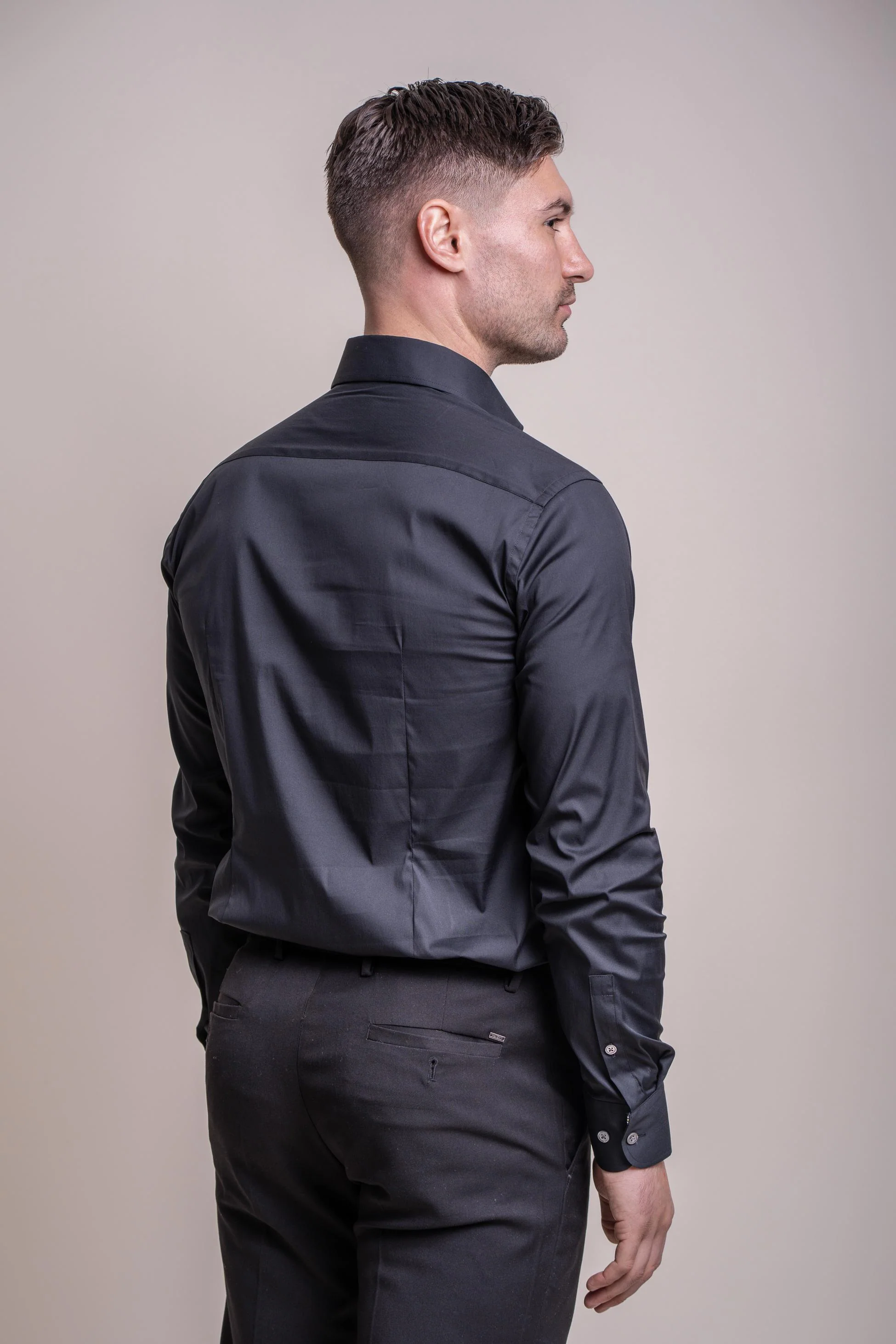 Men's Cotton Blend Slim Fit Dress Shirt - MONACO - Black - Image 4