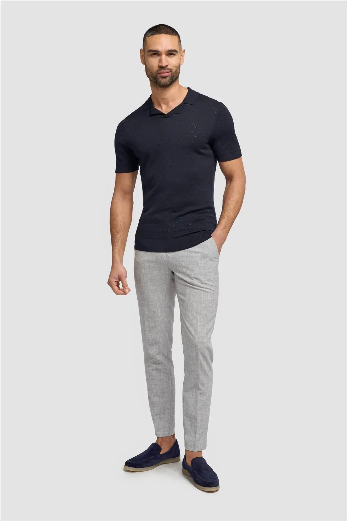 Men’s Cotton Knit Polo Shirt with Johnny Collar - Alfan - Navy - Image 2
