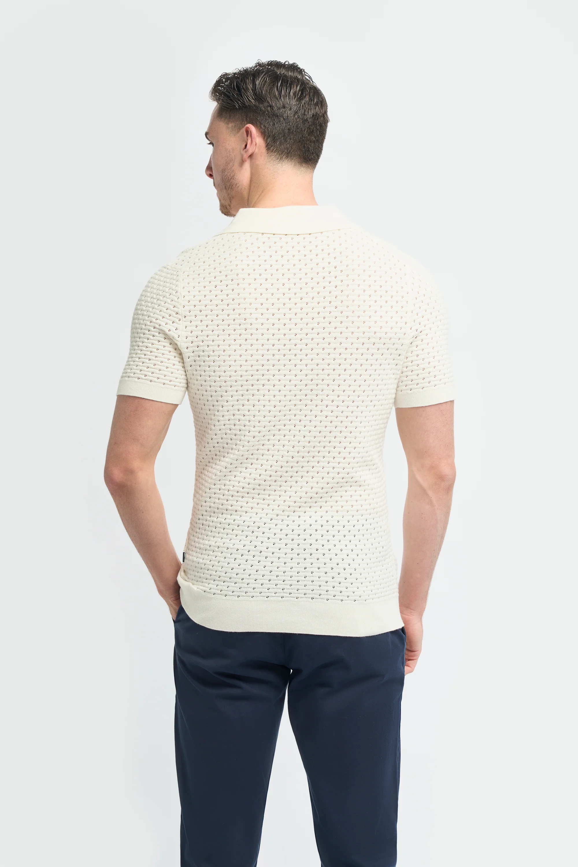 Men’s Cotton Knit V-Neck Polo Shirt - Axel - Ivory - Image 3