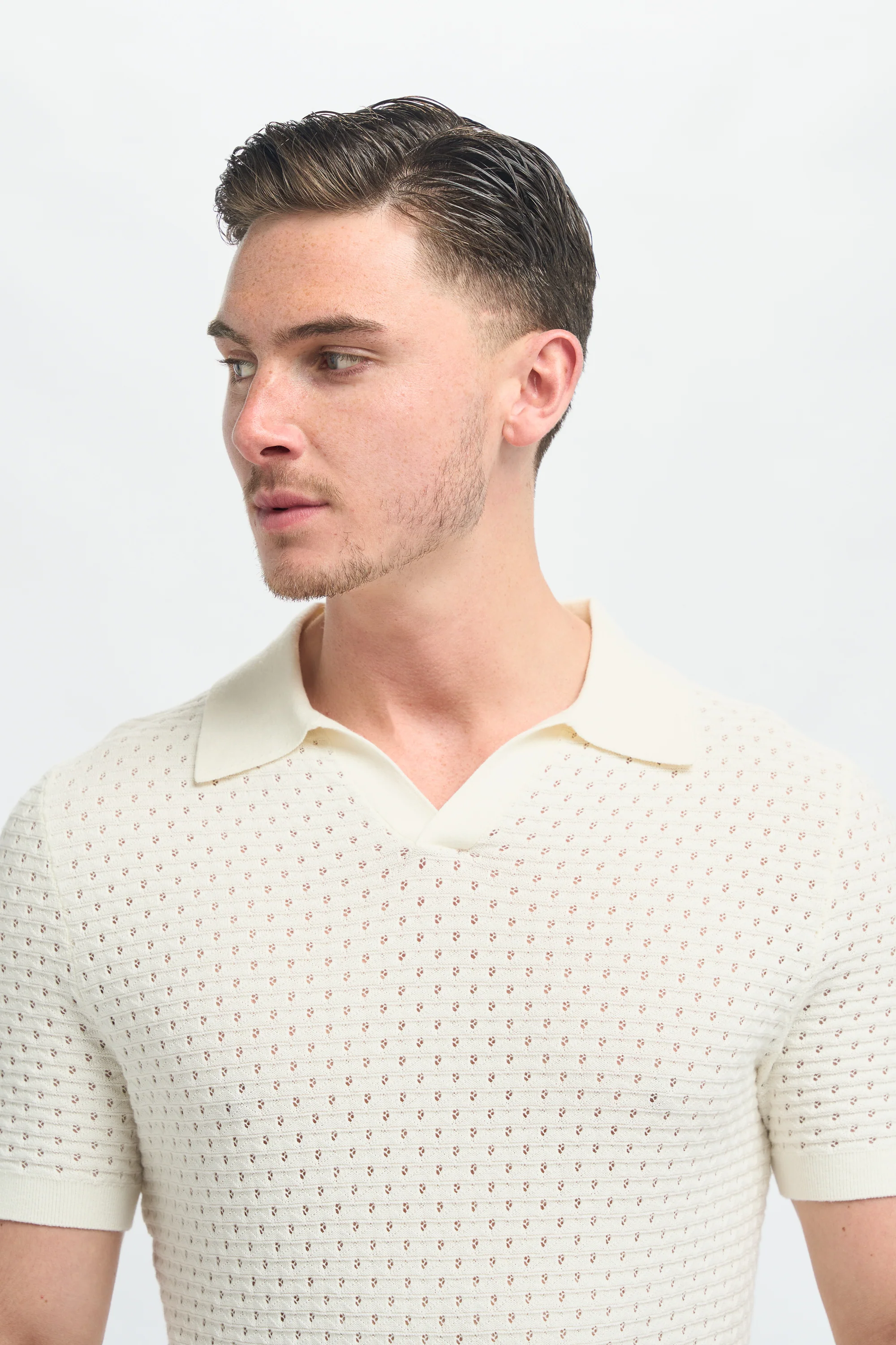 Men’s Cotton Knit V-Neck Polo Shirt - Axel - Ivory - Image 4