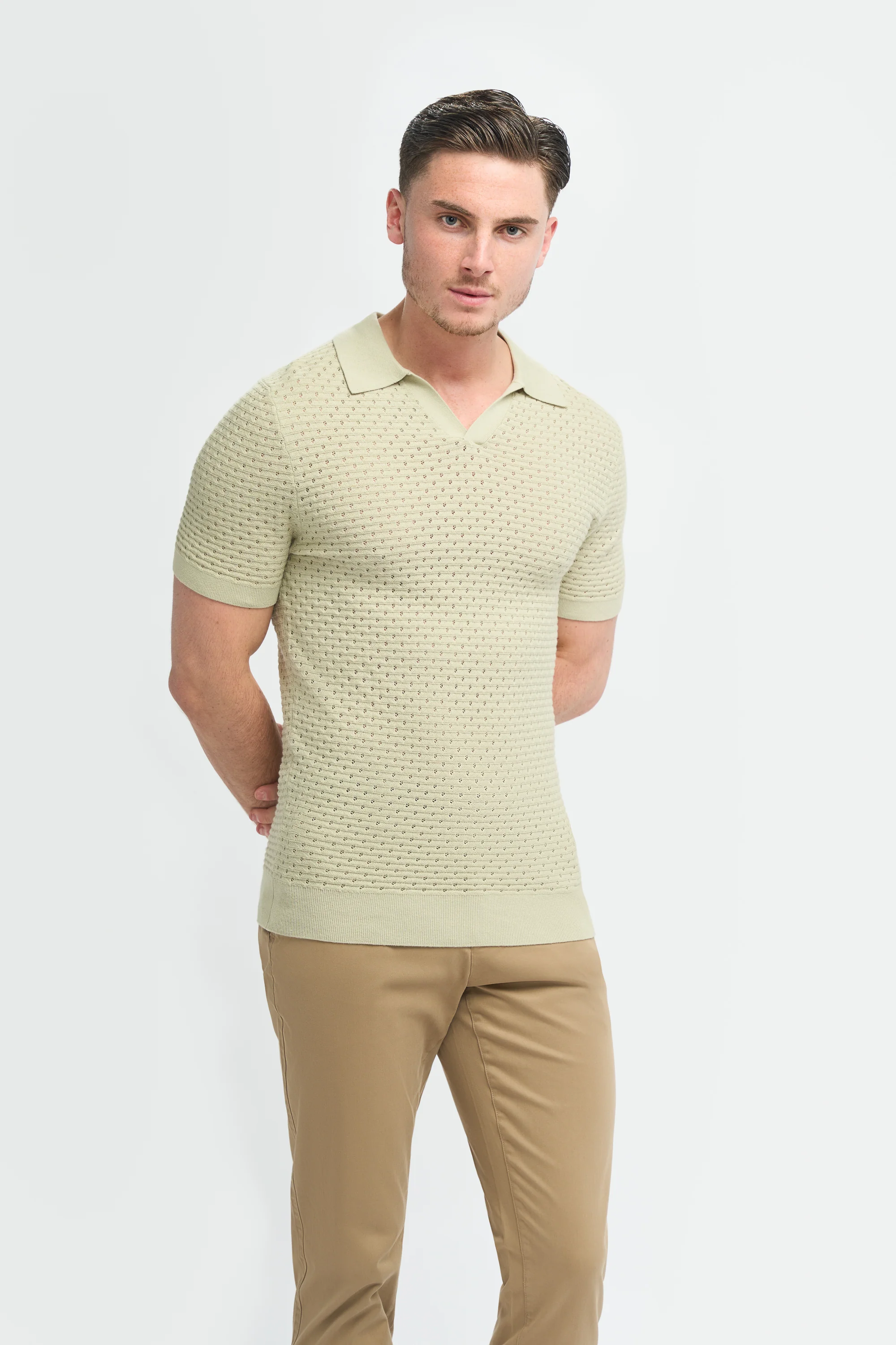 Men’s Cotton Knit V-Neck Polo Shirt - Axel - Sage Green
