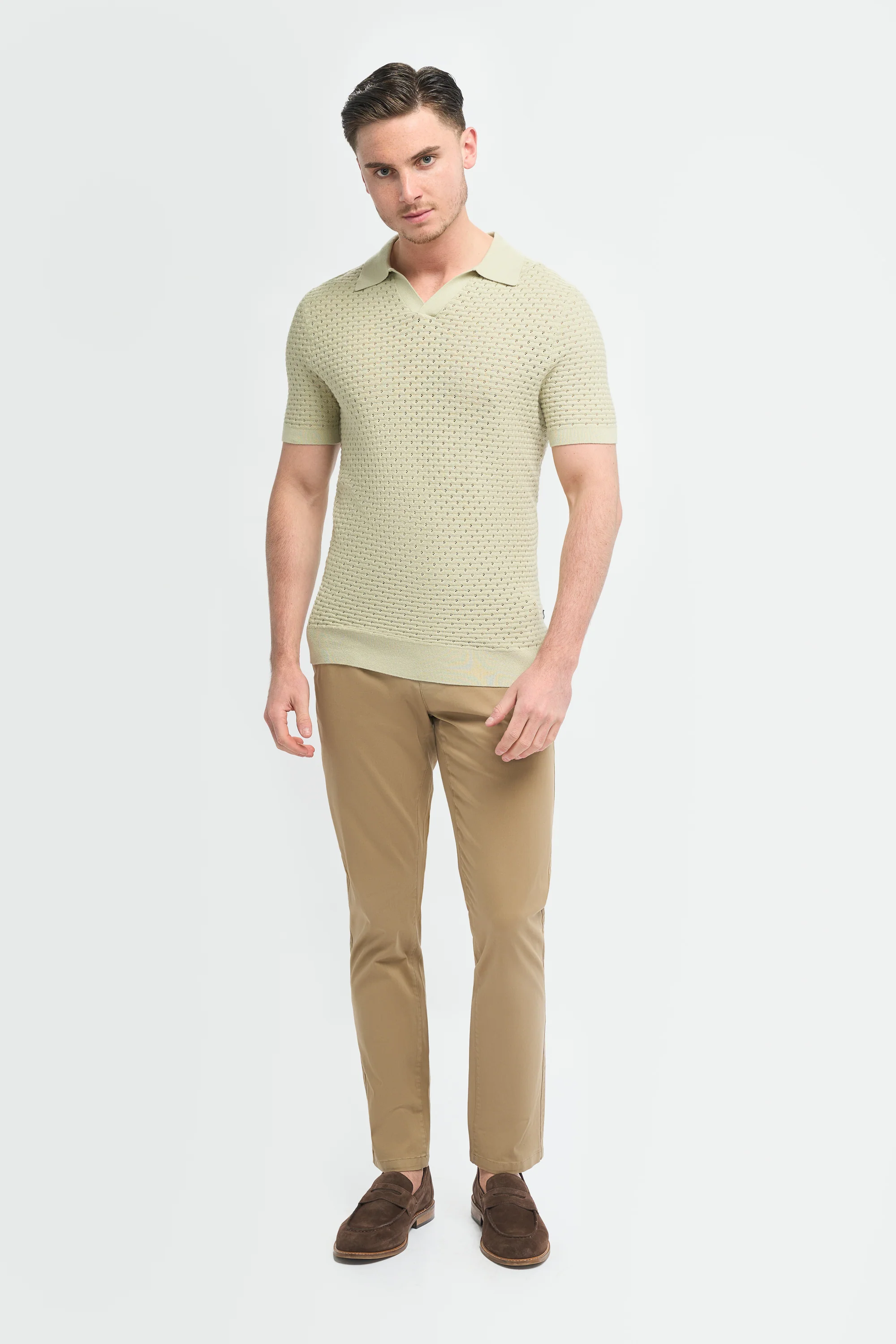 Men’s Cotton Knit V-Neck Polo Shirt - Axel - Sage Green - Image 2