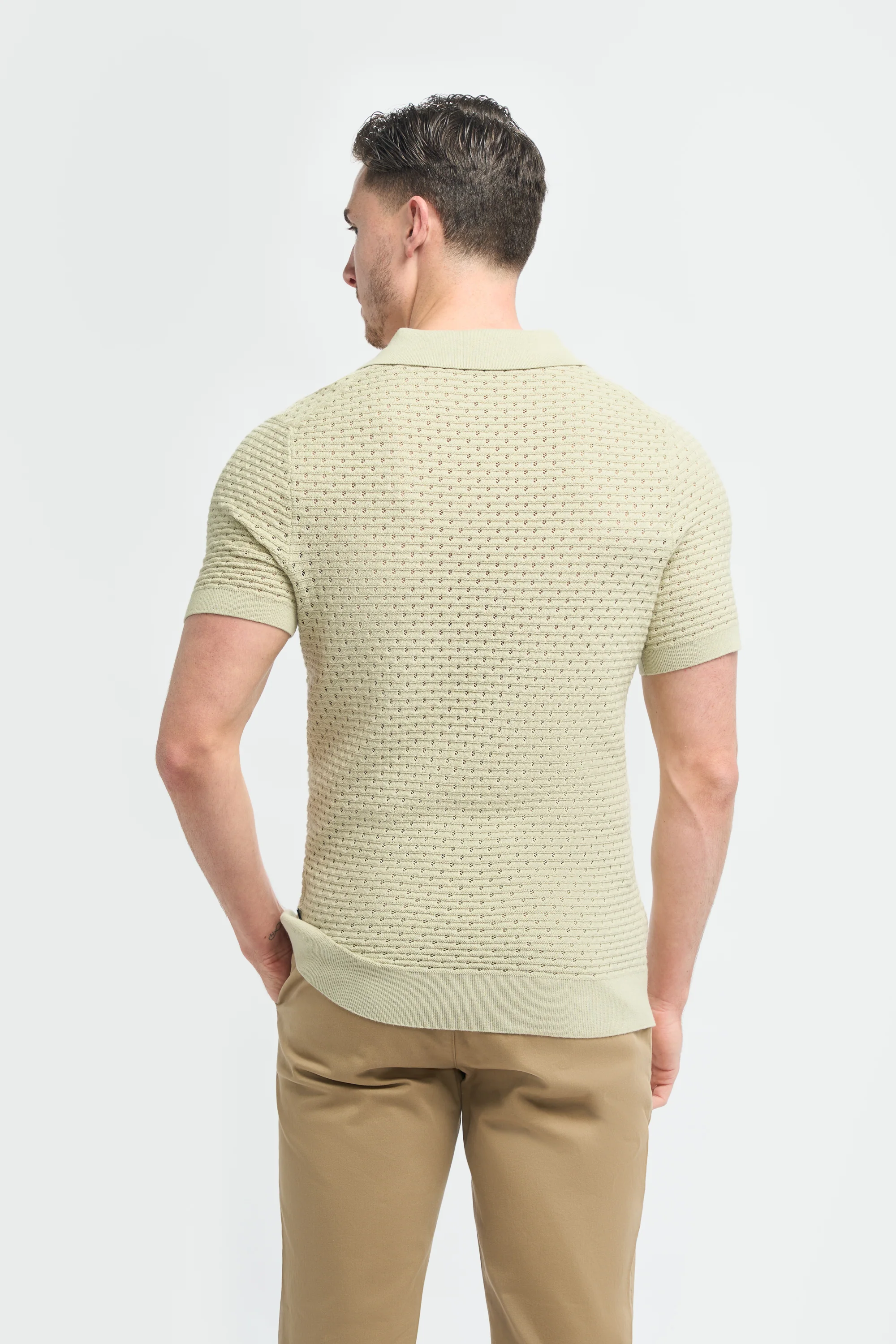 Men’s Cotton Knit V-Neck Polo Shirt - Axel - Sage Green - Image 3
