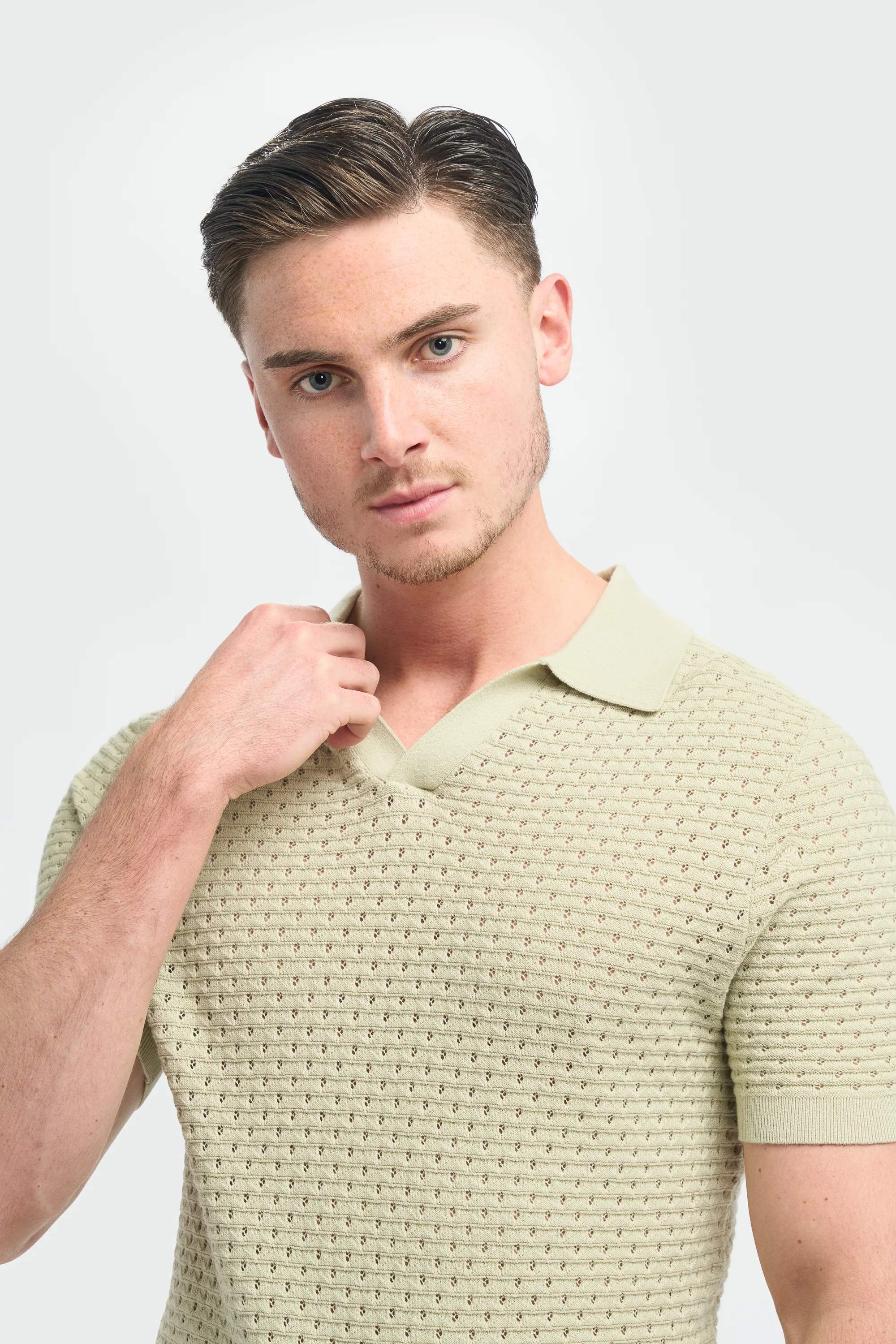 Men’s Cotton Knit V-Neck Polo Shirt - Axel - Sage Green - Image 4