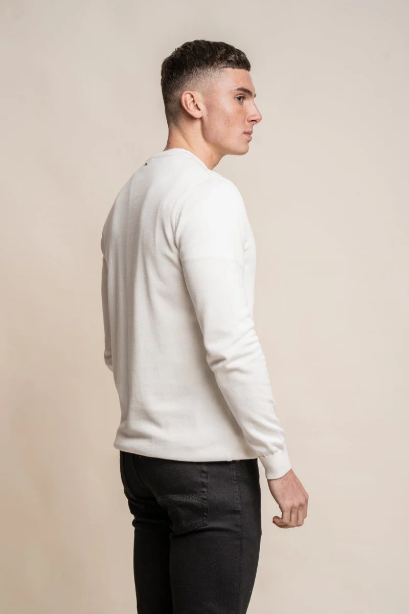 Men's Cotton Slim Fit Crewneck Jumper - Ecru - Image 4